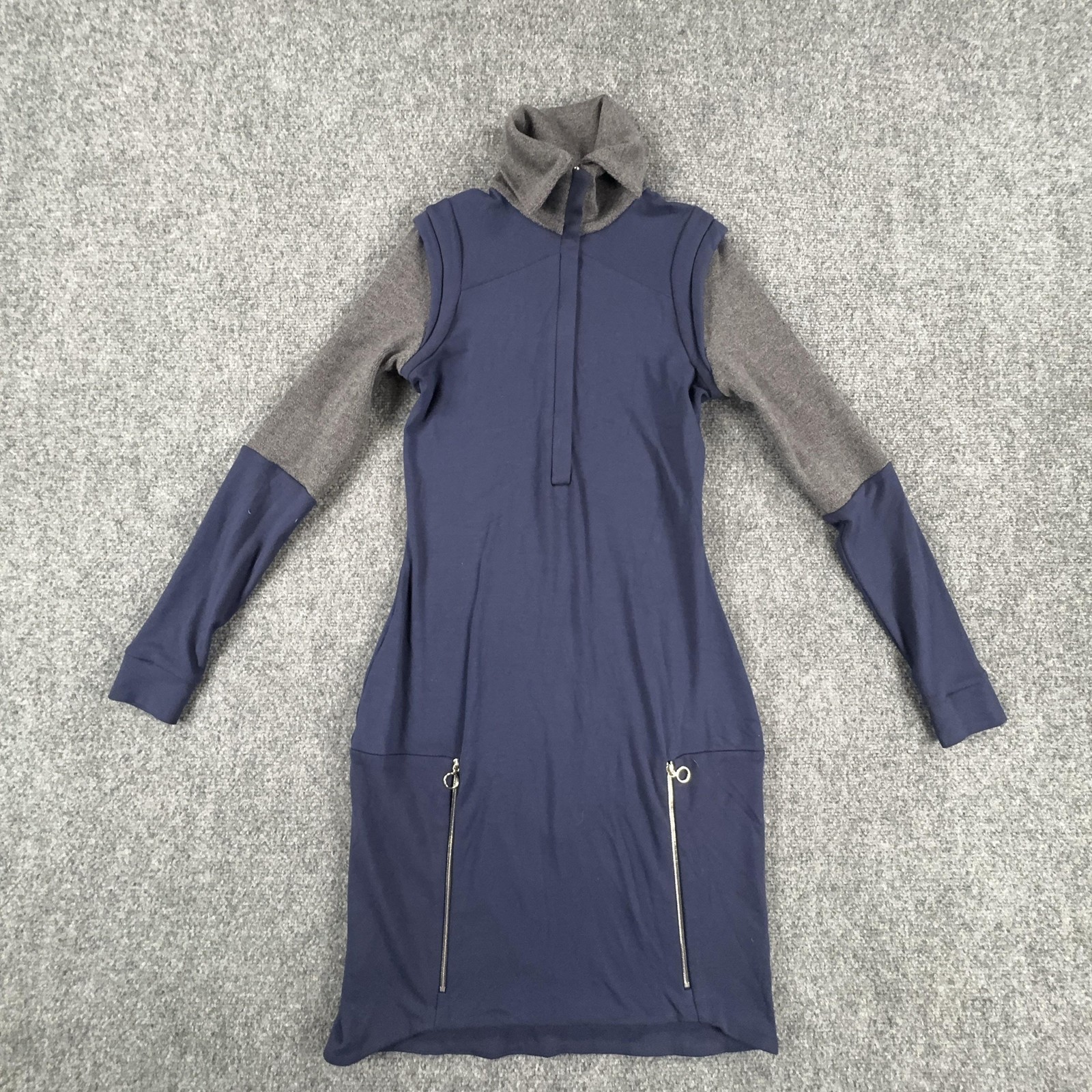 Lacoste Sweater Dress Womens Small EU 36 Blue Gray Funnel Neck Zip Pockets Knit