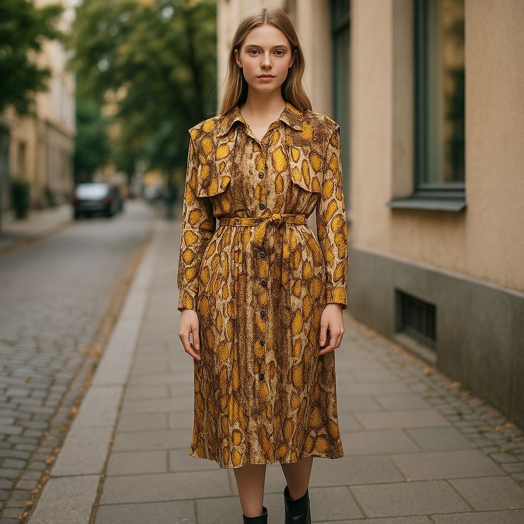 Womens Large Gold Animal Print Pleated Silk Blend Trench Shirt Dress Maximalist