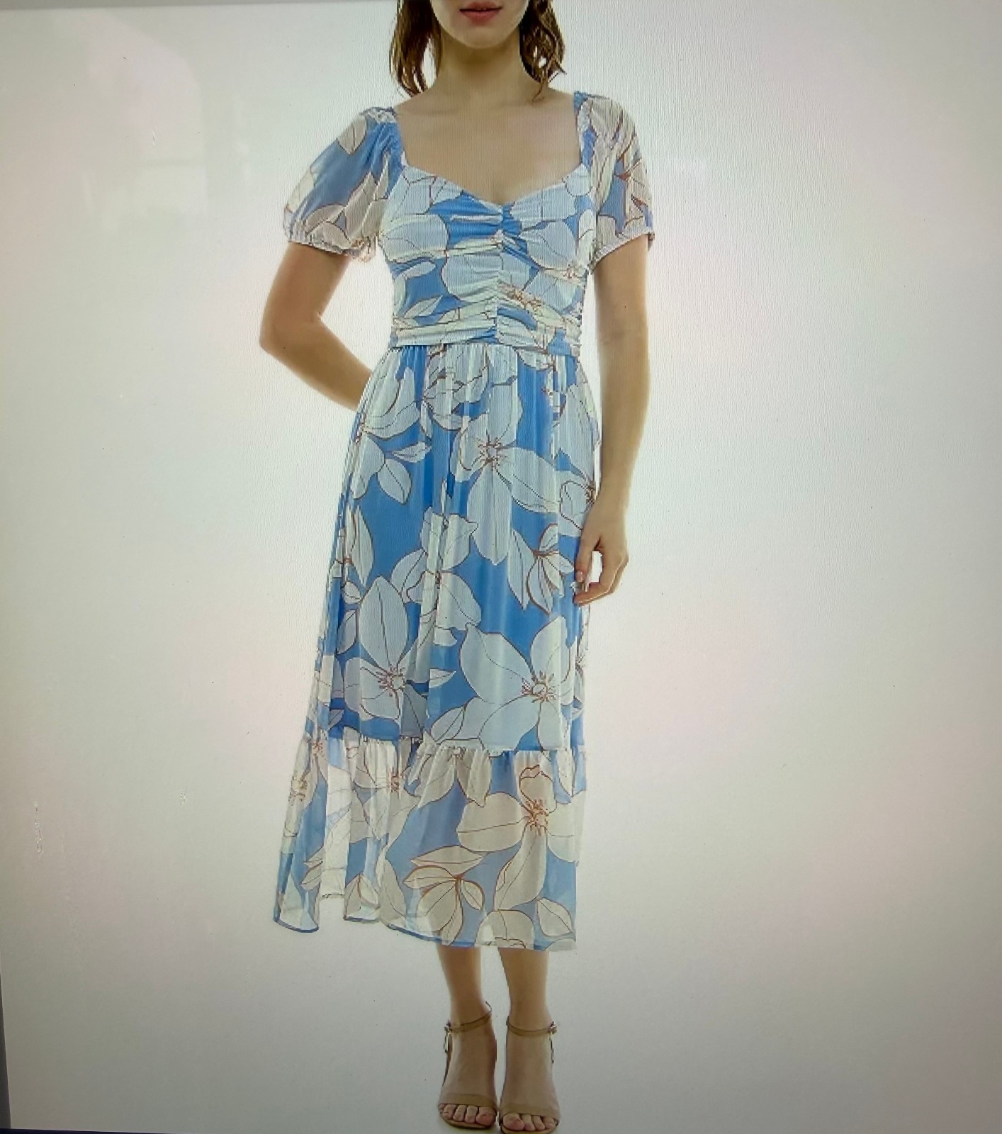 LUXOLOGY WOMEN’S MIDI DRESS SIZE: M FLORAL CHIFFON SMOCK TOP SHORT SLEEVE