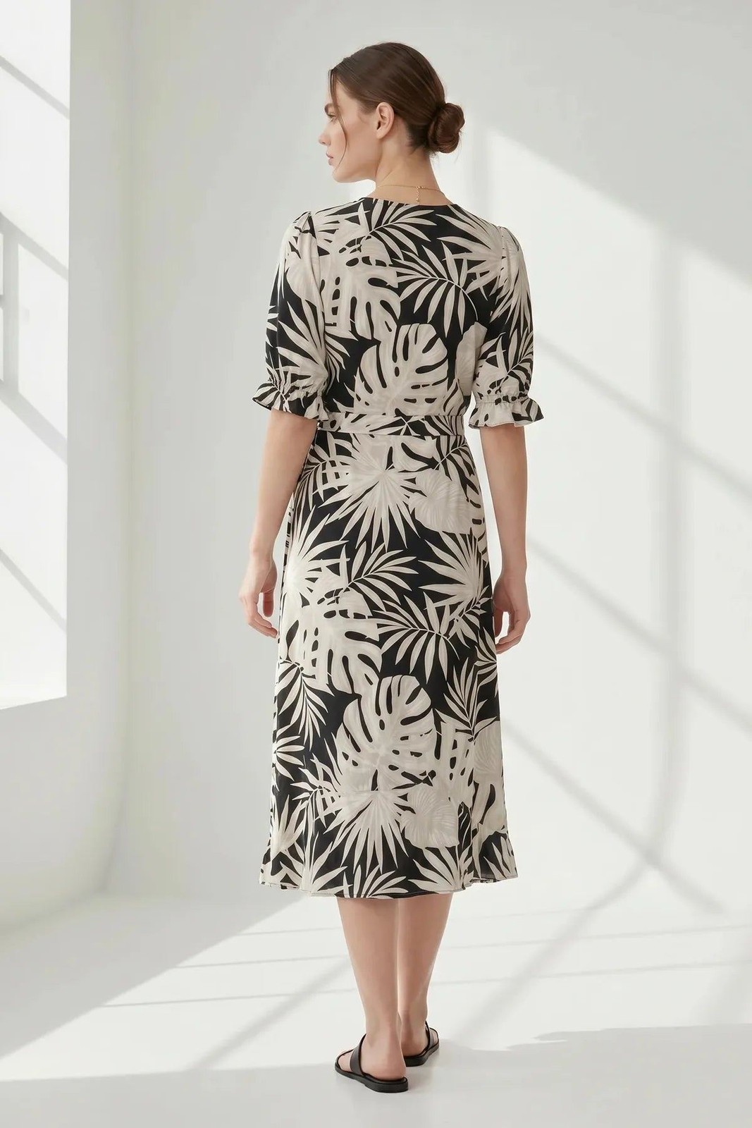 Beige Black Ivory Palm Leaf Summer Wrap Dress
