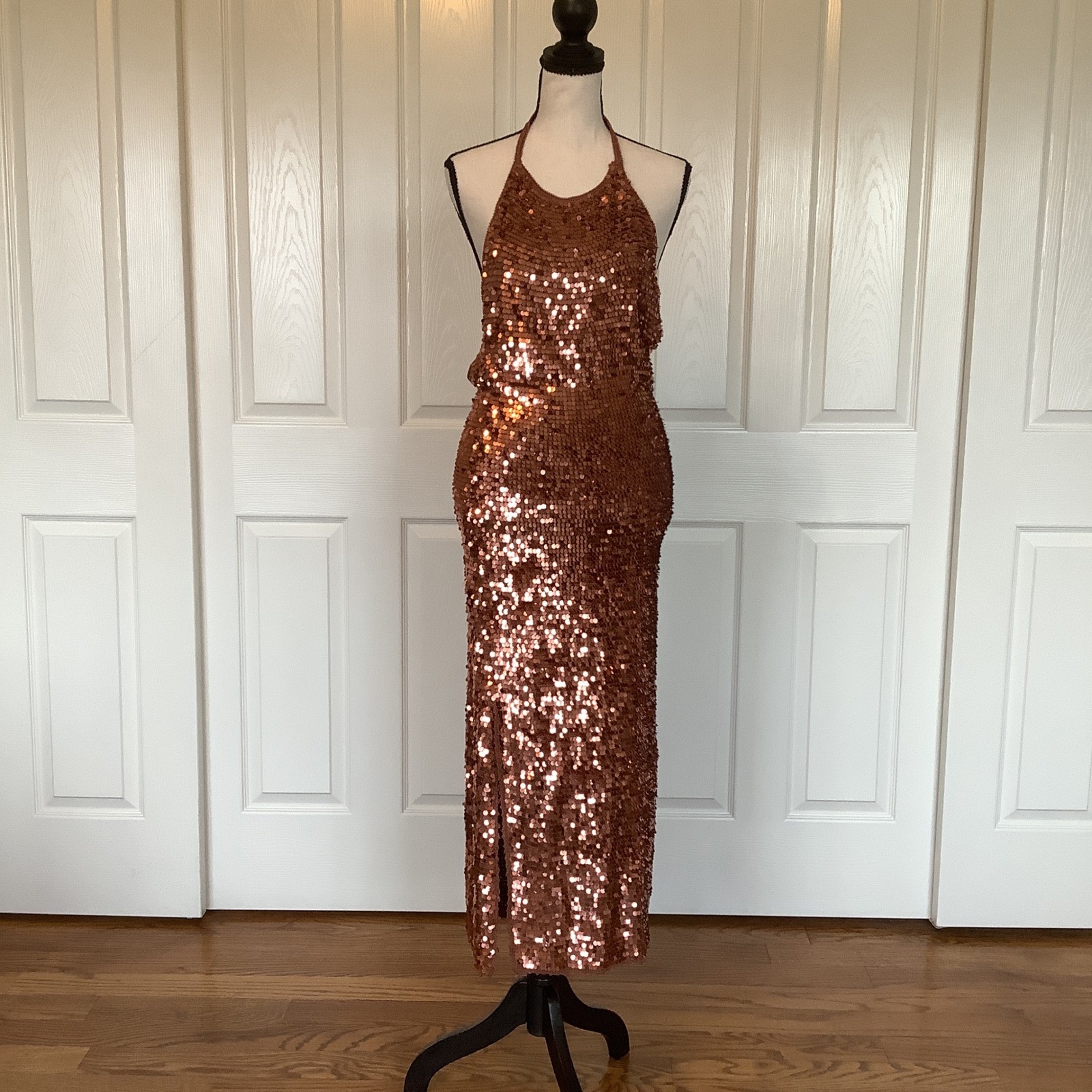 Calypso St Barth Copper Sequin Halter Maxi Dress Open Back Side Slit Size S NWOT