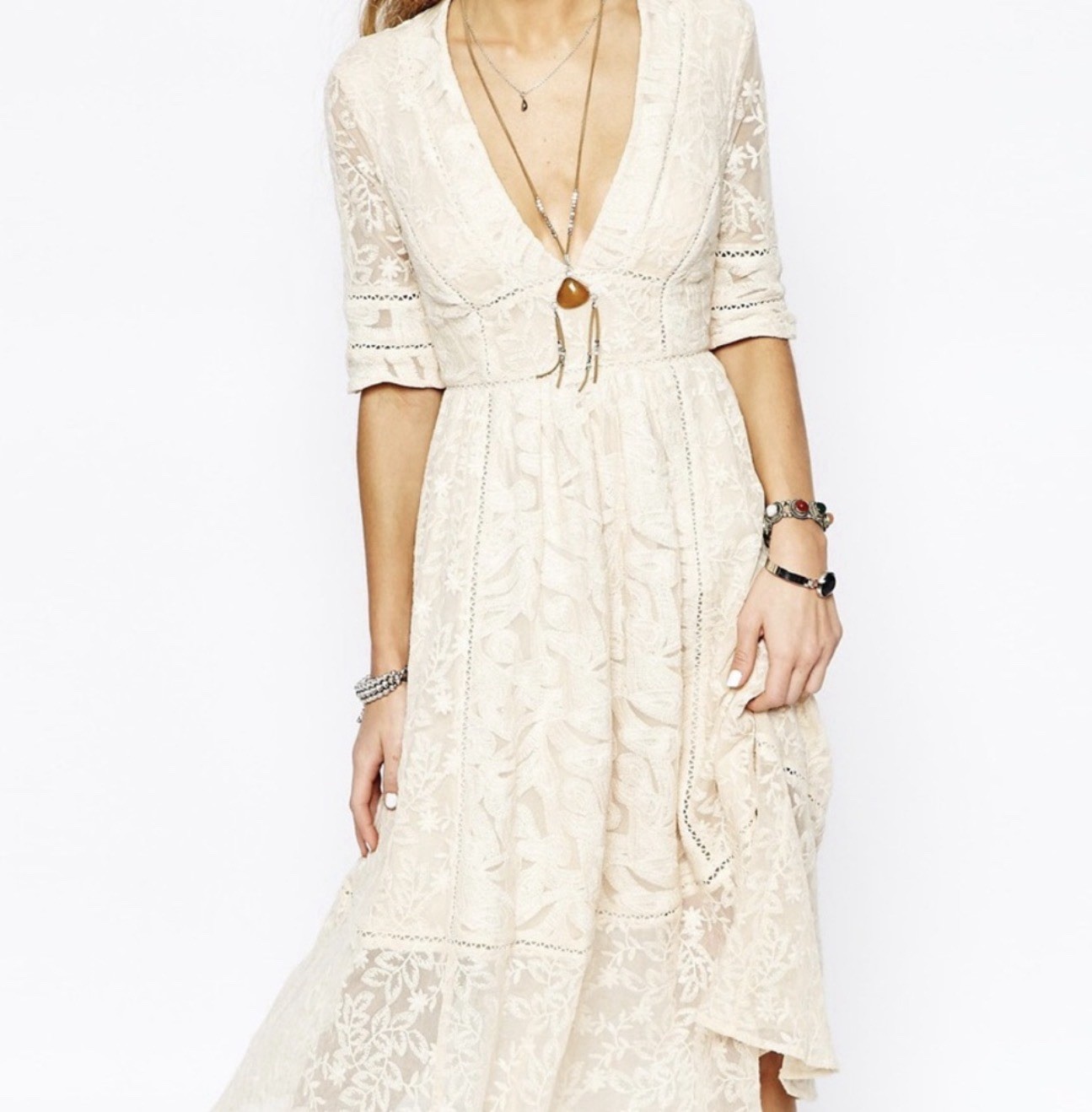 Free People Ivory Lace Embroidered Floral V-Neck Midi Dress 6 Short Sleeve