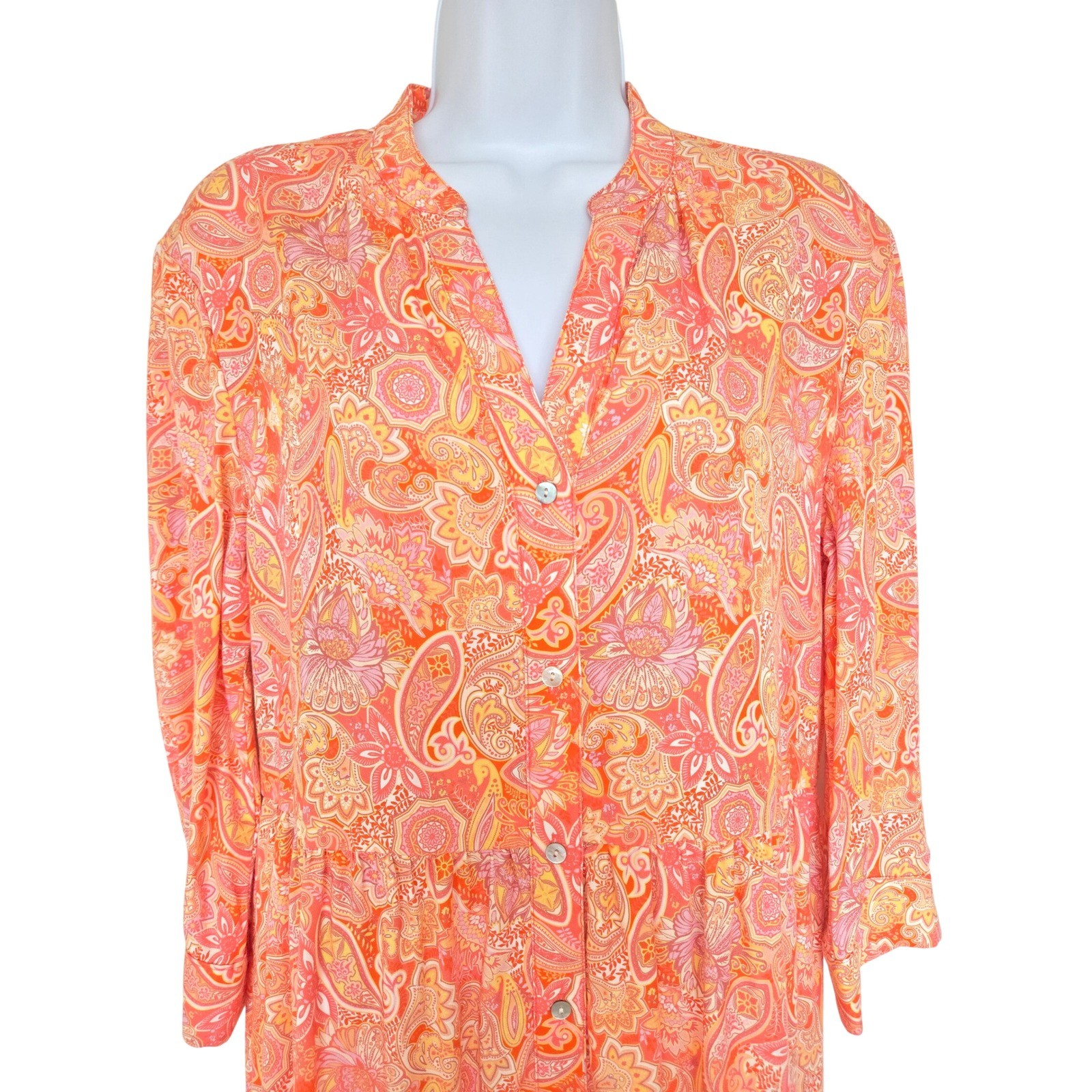 Johnston & Murphy Orange Pink Paisley Lyocell Tiered Dress S Boho Cottage Retro