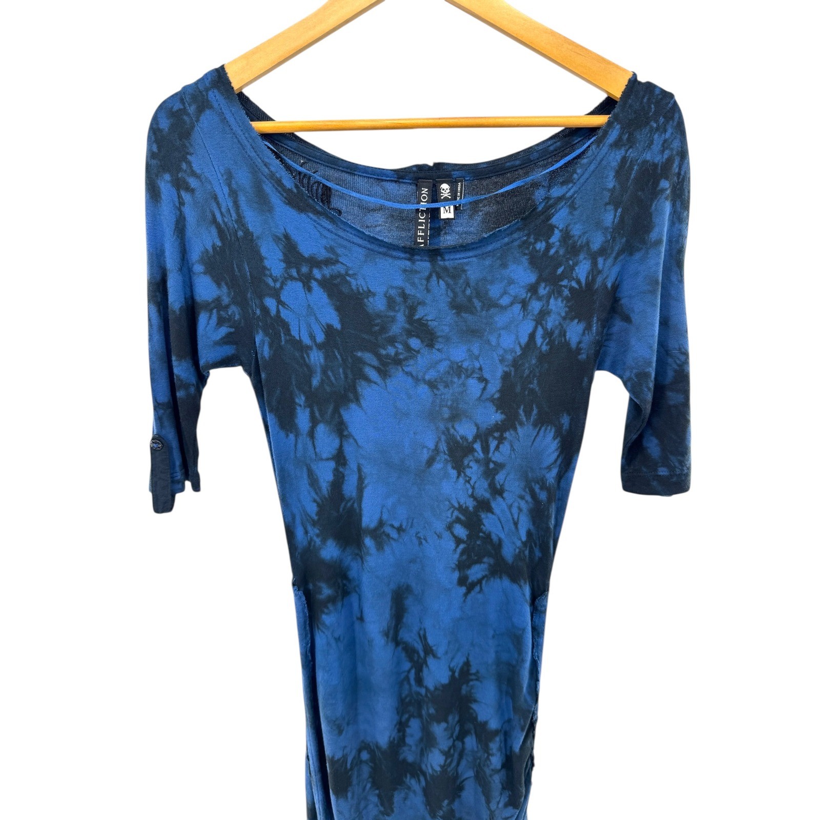 Affliction Blue Black Tie Dye Ruched Drawstring Asymmetrical Tee Dress M