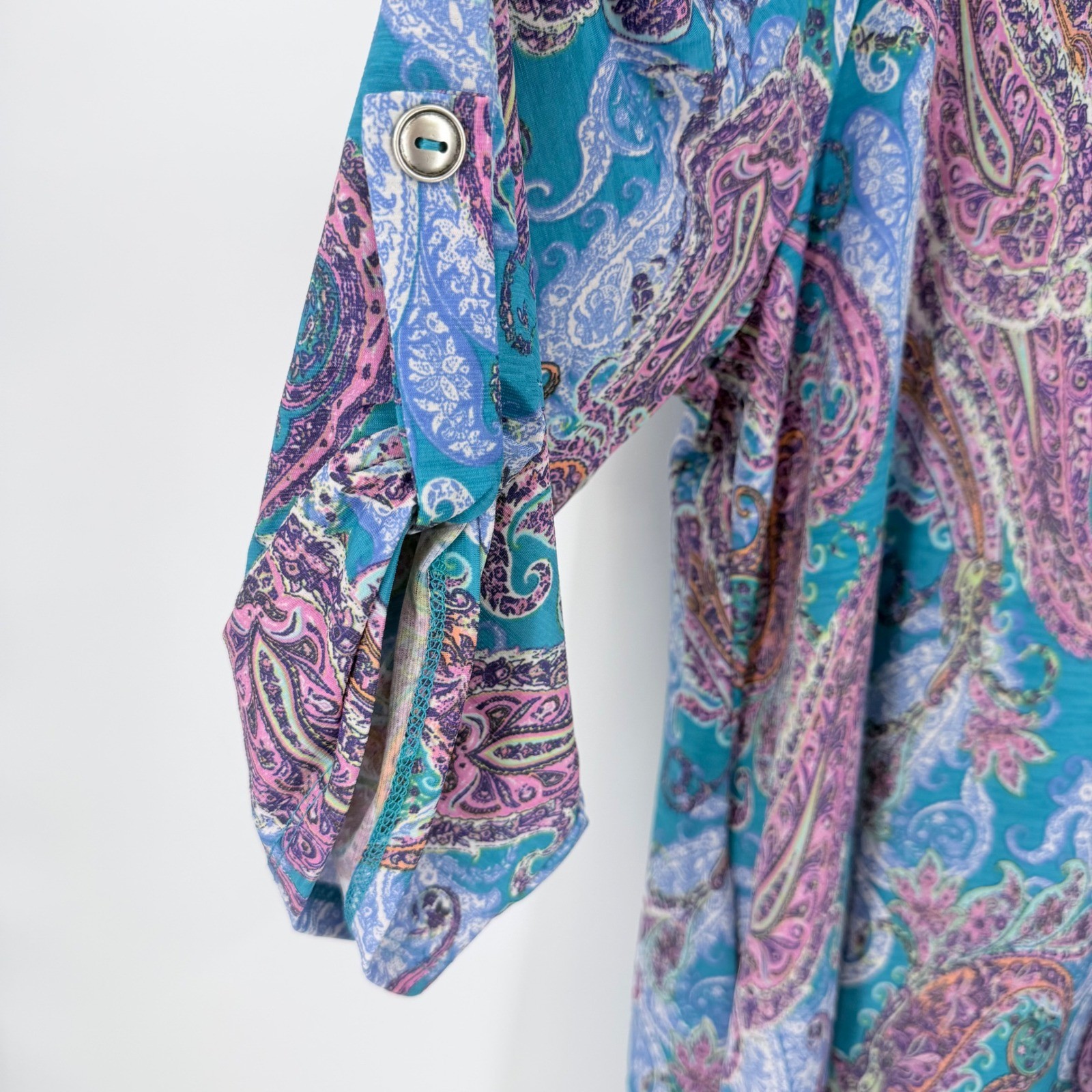 Dear Scarlett Polyester Paisley Shift Dress Womens 3X Teal NEW Roll-Tab Pockets