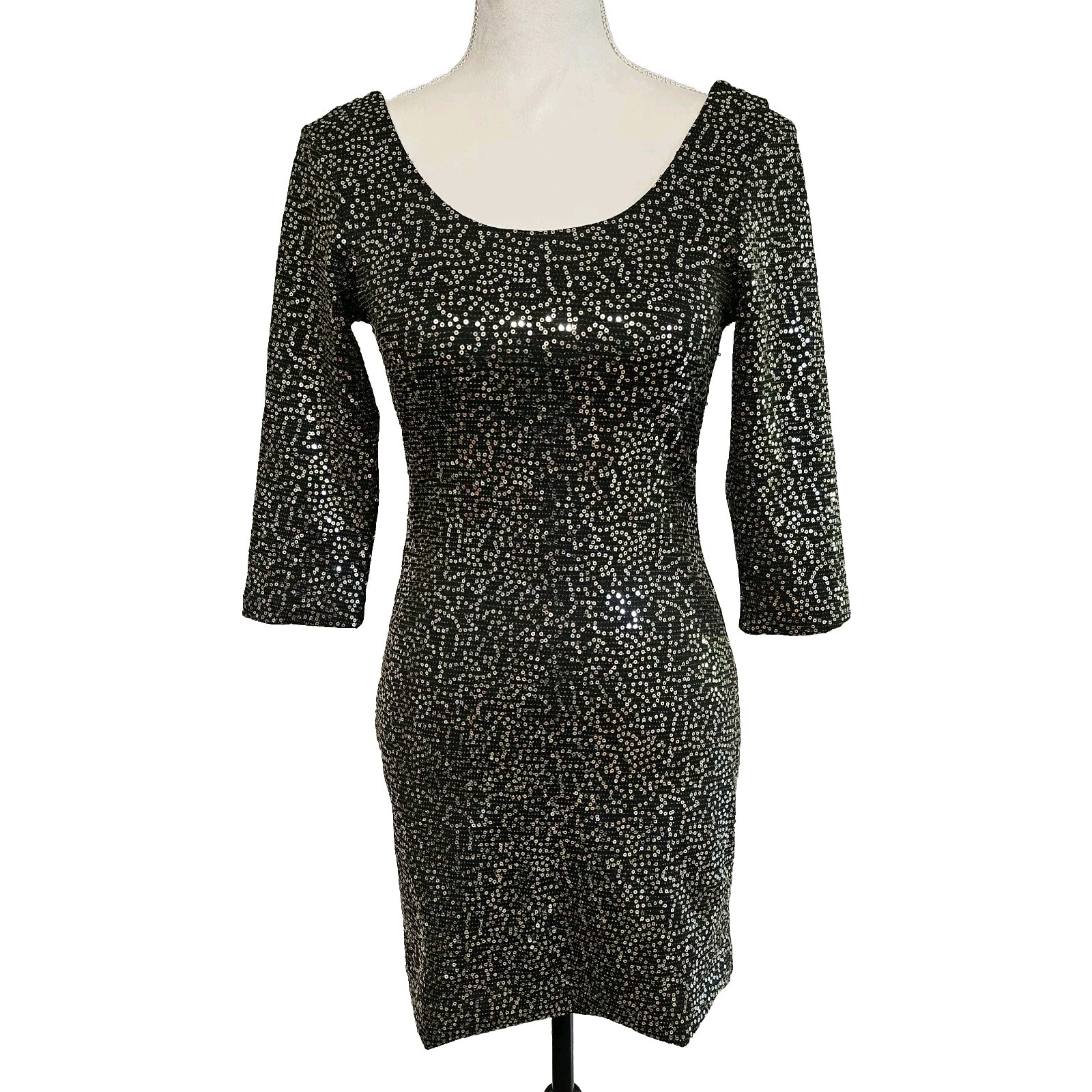 NWT As U Wish $69 Black Gold Sequin Plunging Back Dress Size S Vamp Goth