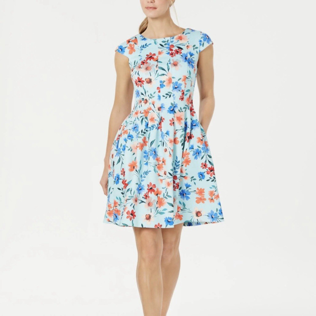 Calvin Klein Colorful Floral Cap Sleeve Pleated Pockets Scuba Flare Dress 10