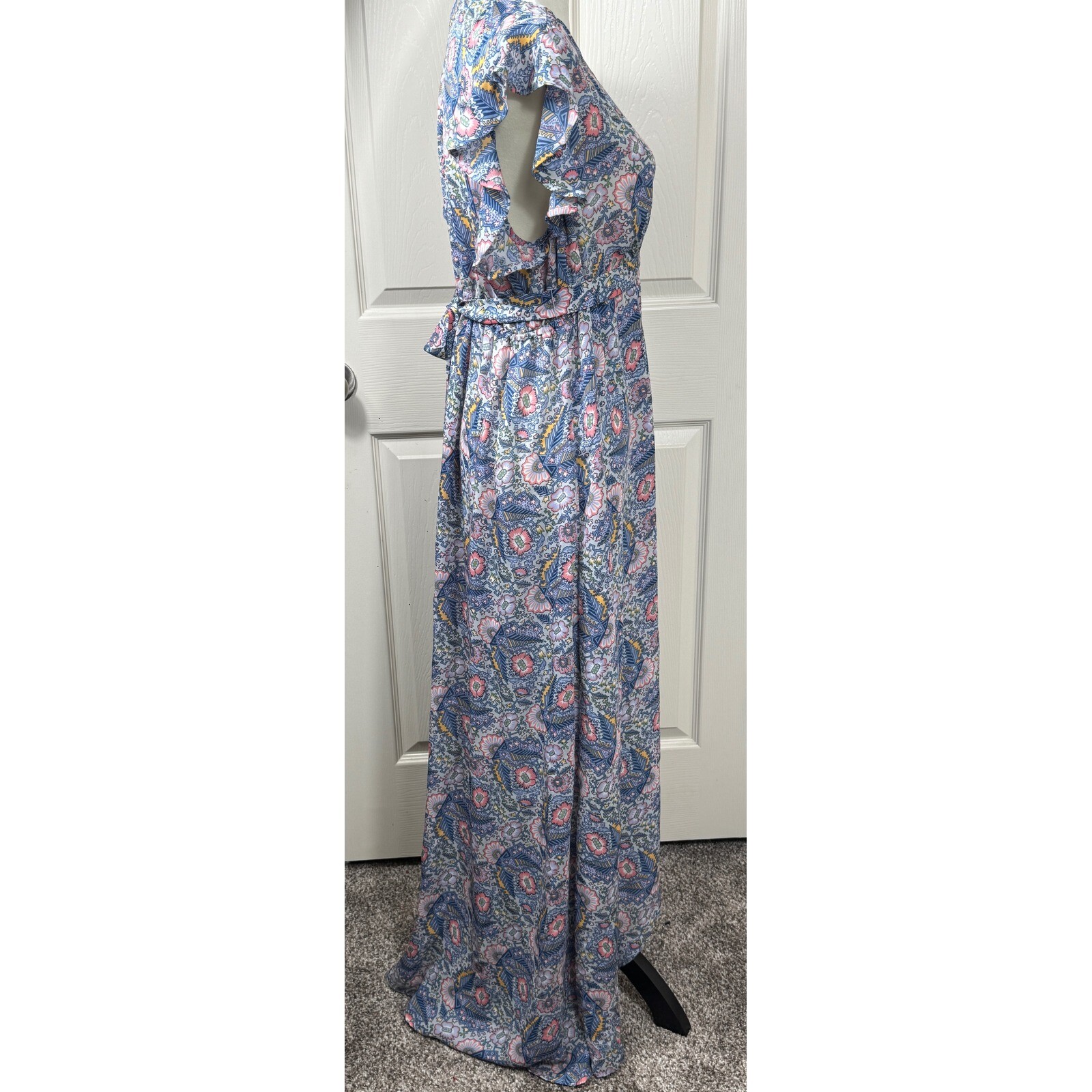 Ella Moss Maxi Dress Floral Print V Neck Tie Waist Casual Blue Size L
