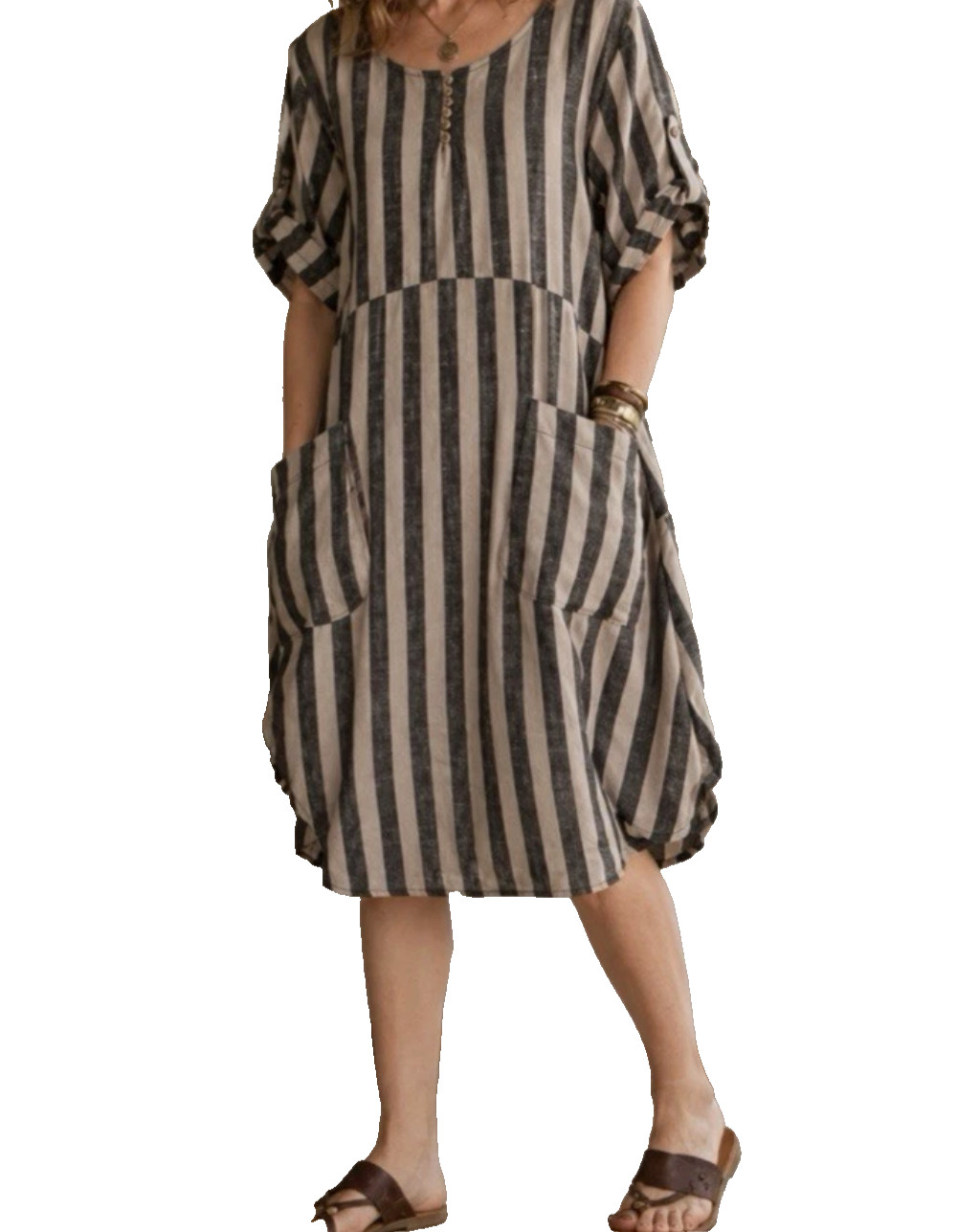 Striped Lagenlook L/XL Linen Cotton Asymmetric Dress Oversized Pockets Tan Black