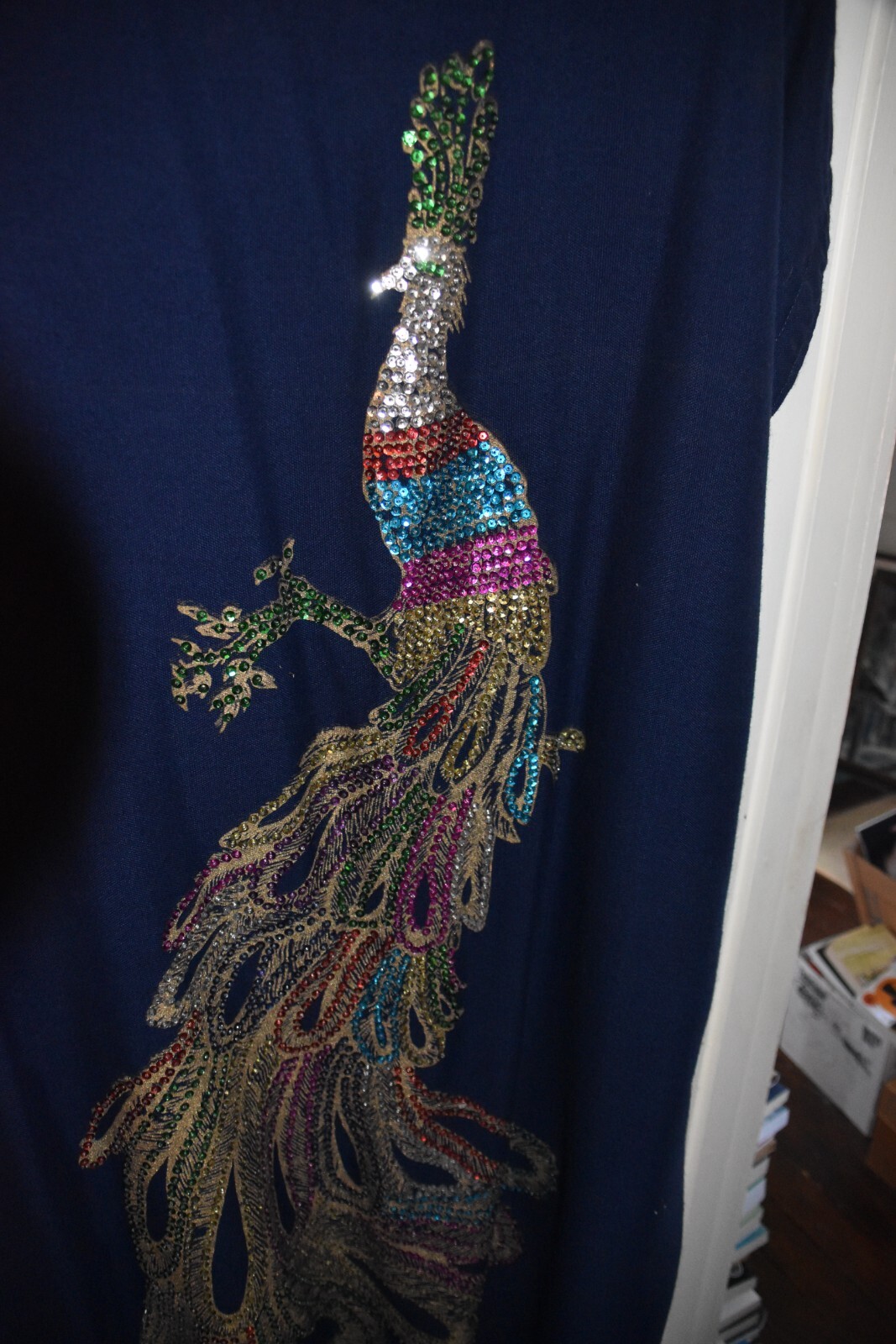 Custom Exotic Dark Blue Navy Full Length Contrast Painted, Sequined Robe Caftan
