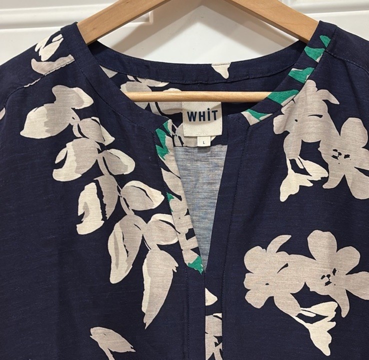 Anthropologie WHIT Silk/Linen Temple Dress in Botanical Print Navy Blue Size L