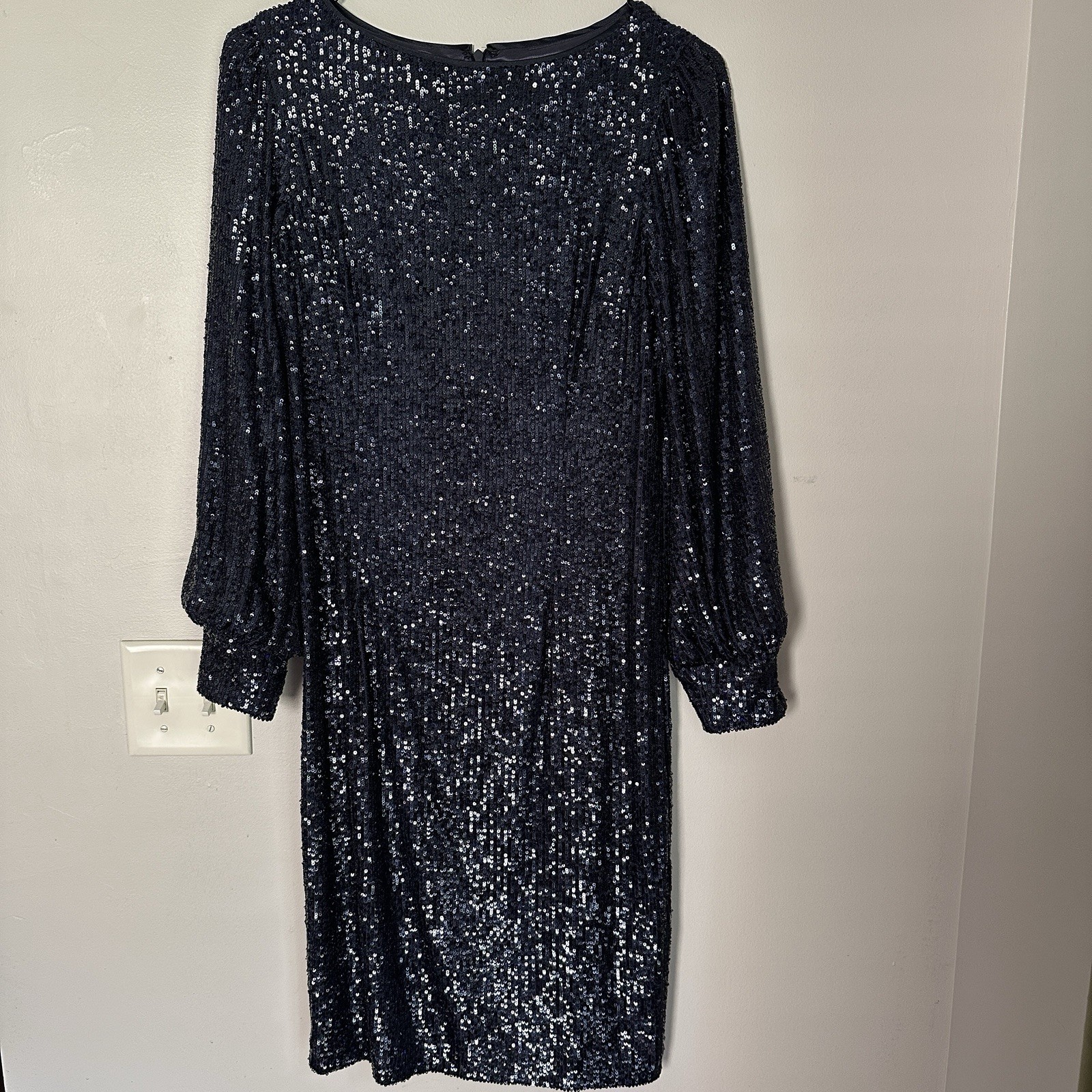 Teri Jon Navy Sequin Sheath Dress 10 Boat Neck Long Balloon Sleeve Knee