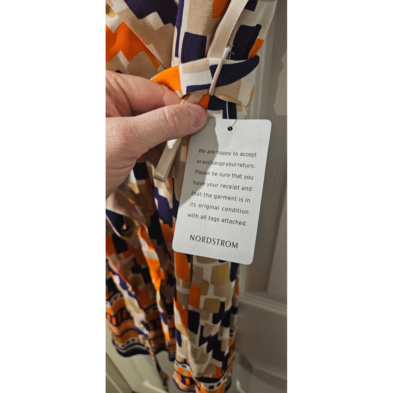 Presley Skye 100% Silk Dress Large Belted Pockets Geometric Print Navy Orange