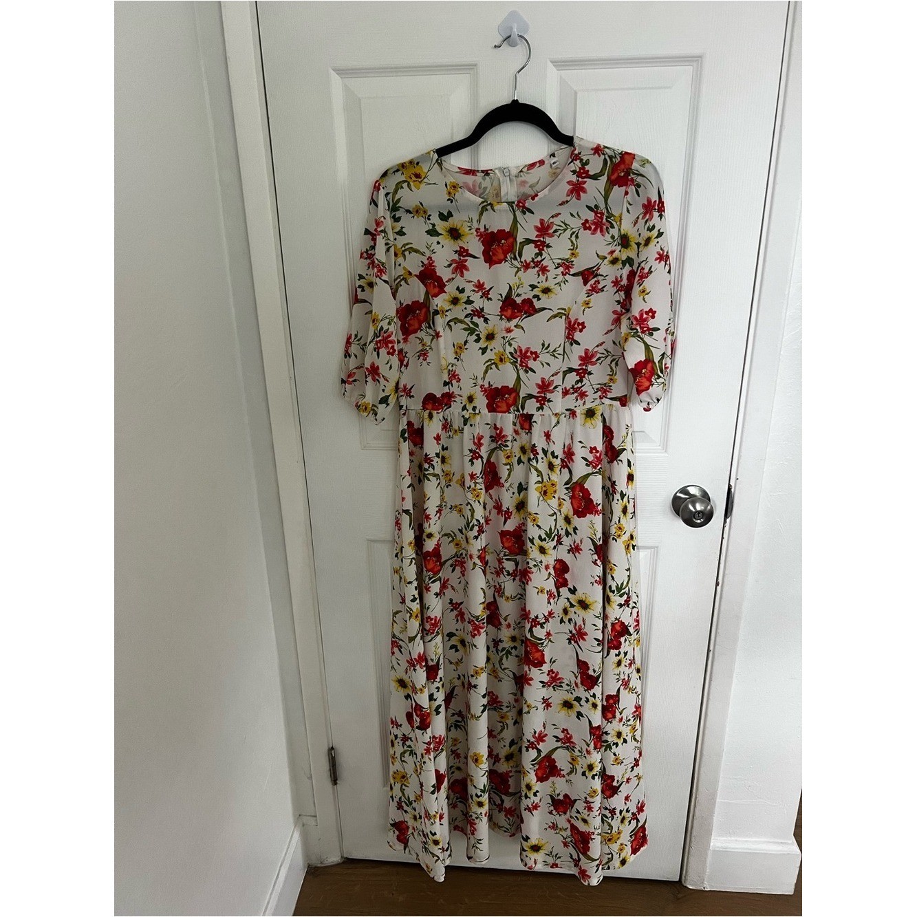 White Floral Maxi Dress with Red & Yellow Blooms