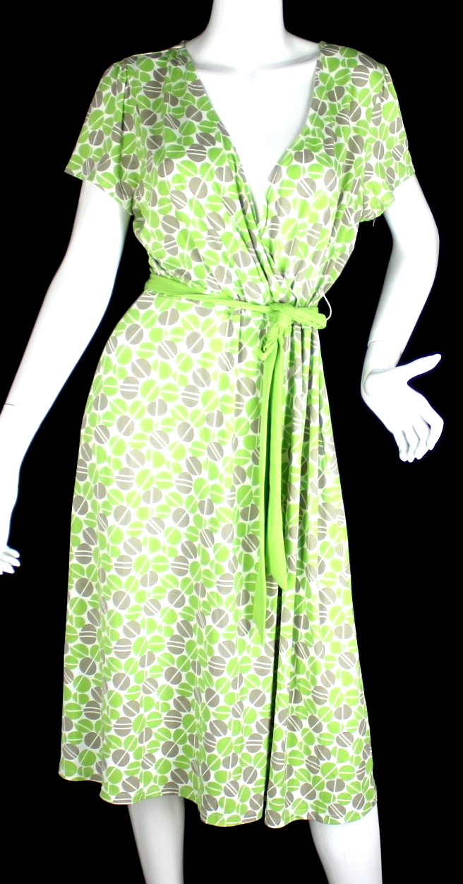 {Merona} Dress Sz. L Green/Gray/White Pattern Jersey Stretch Summer Tie