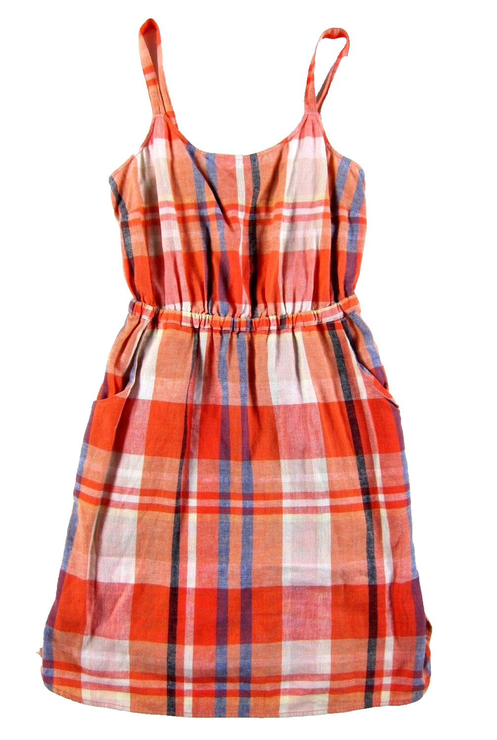 Old Navy Linen Rayon Pink Blue Ivory Plaid Pocket Tank Sun Dress Women Medium