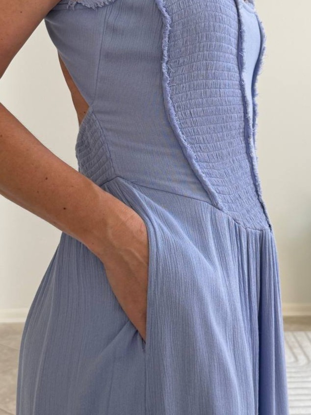 Free People Blue Open Back Smocked Maxi Dress Size M Boho Raw Edge Pockets