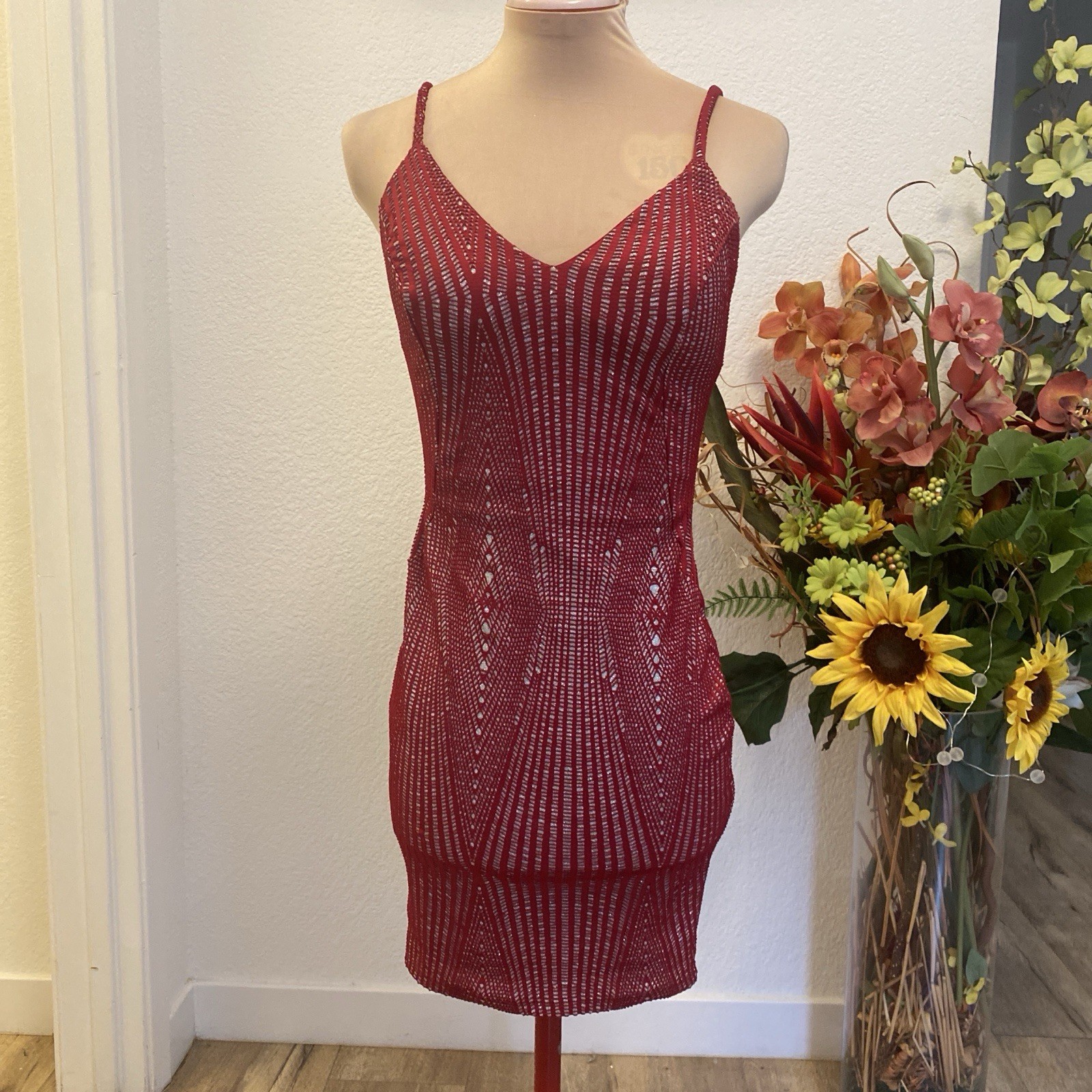 Red Beaded Spaghetti Strap Mini Dress Small
