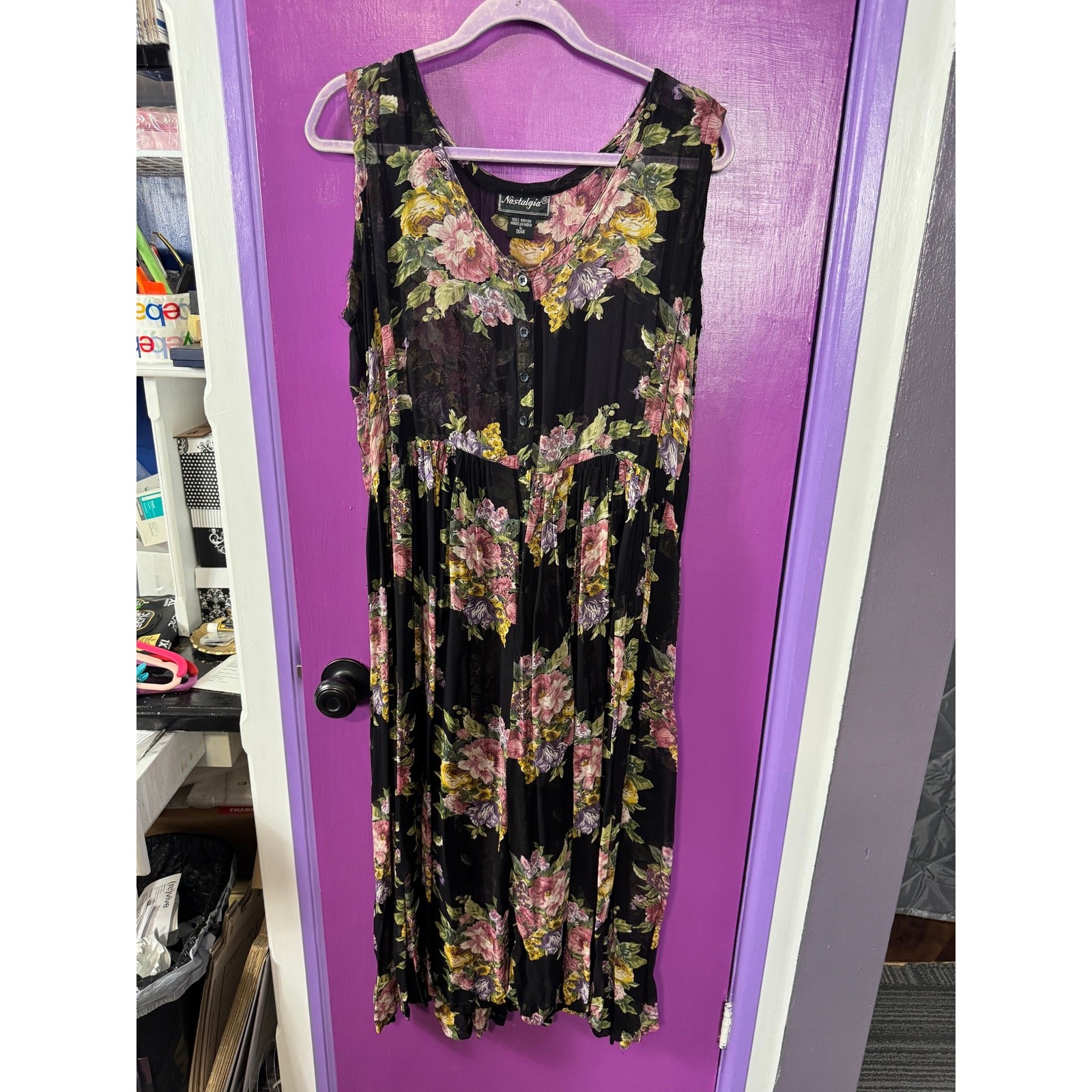 Nostalgia Black Floral Sheer Overlay Maxi Dress L 13/14 Boho Cottagecore vintage