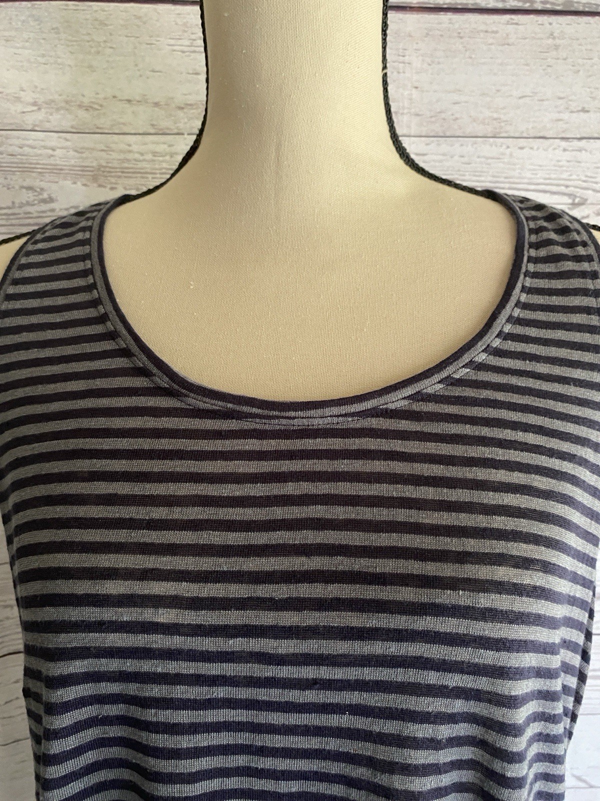 Eileen Fisher 100% Linen Racerback Midi Dress Size S Black/Gray Stripes Neutral