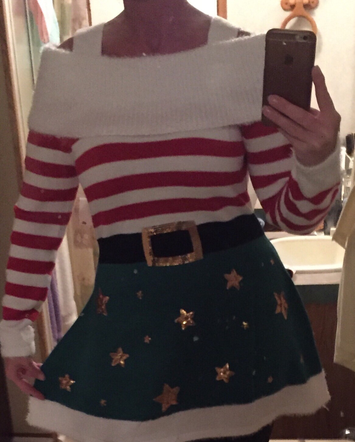 Christmas Elf Sweater Dress With Sequins For Belt And Stars – Be One Of A Kind