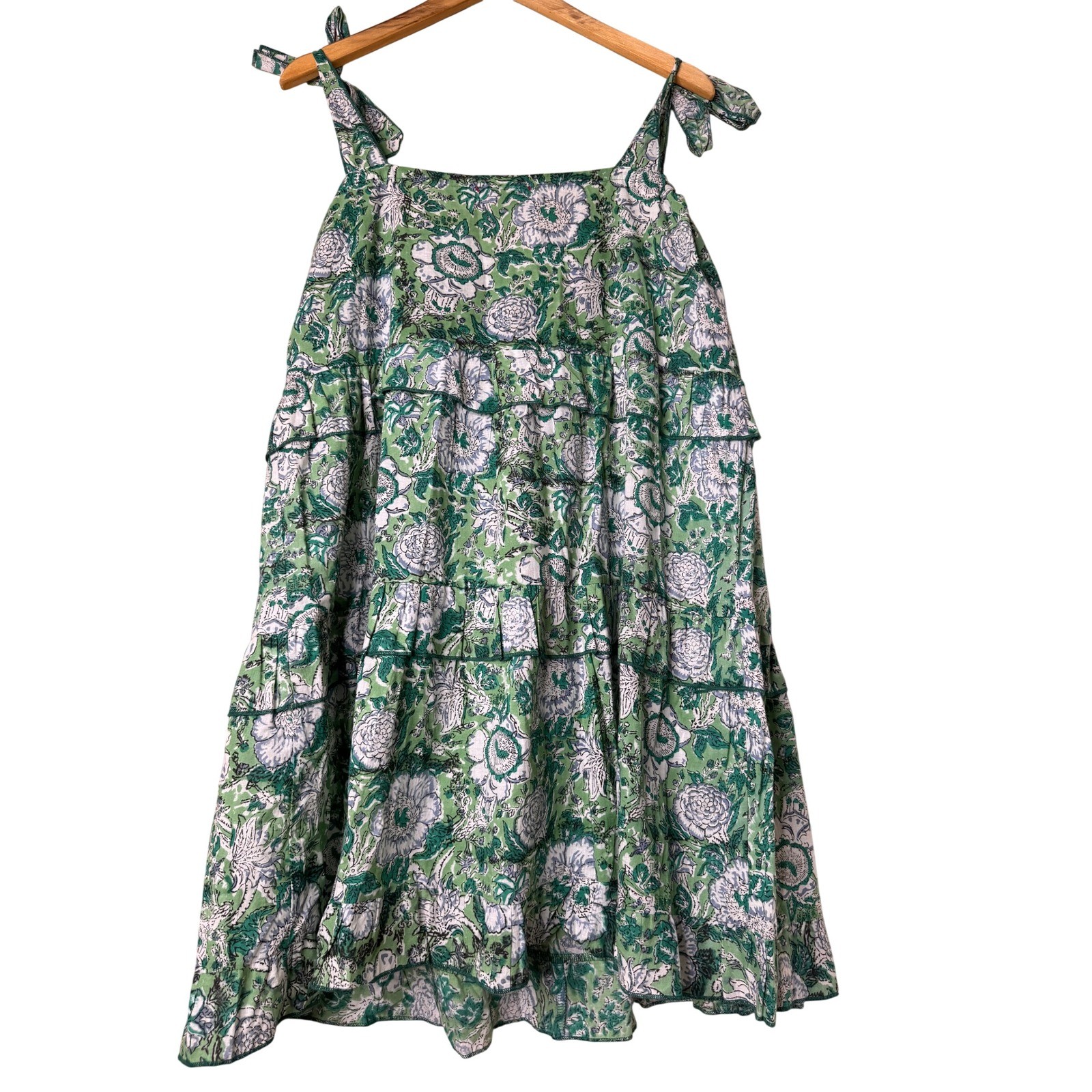 Stark X Green Floral Block Print Tiered Mini Dress Tie Shoulder Boho Summer