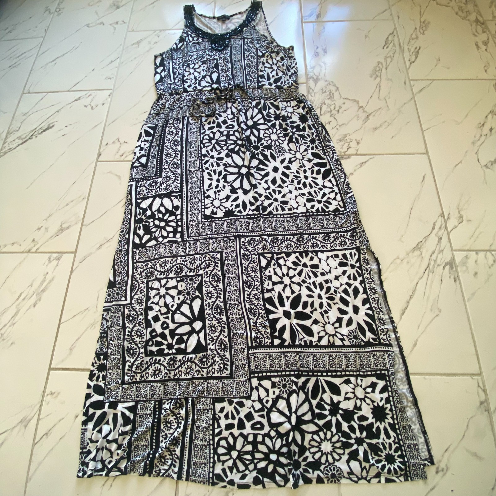 Spense Women XXL Black White Floral Beaded Sleeveless Maxi Dress Plus Size