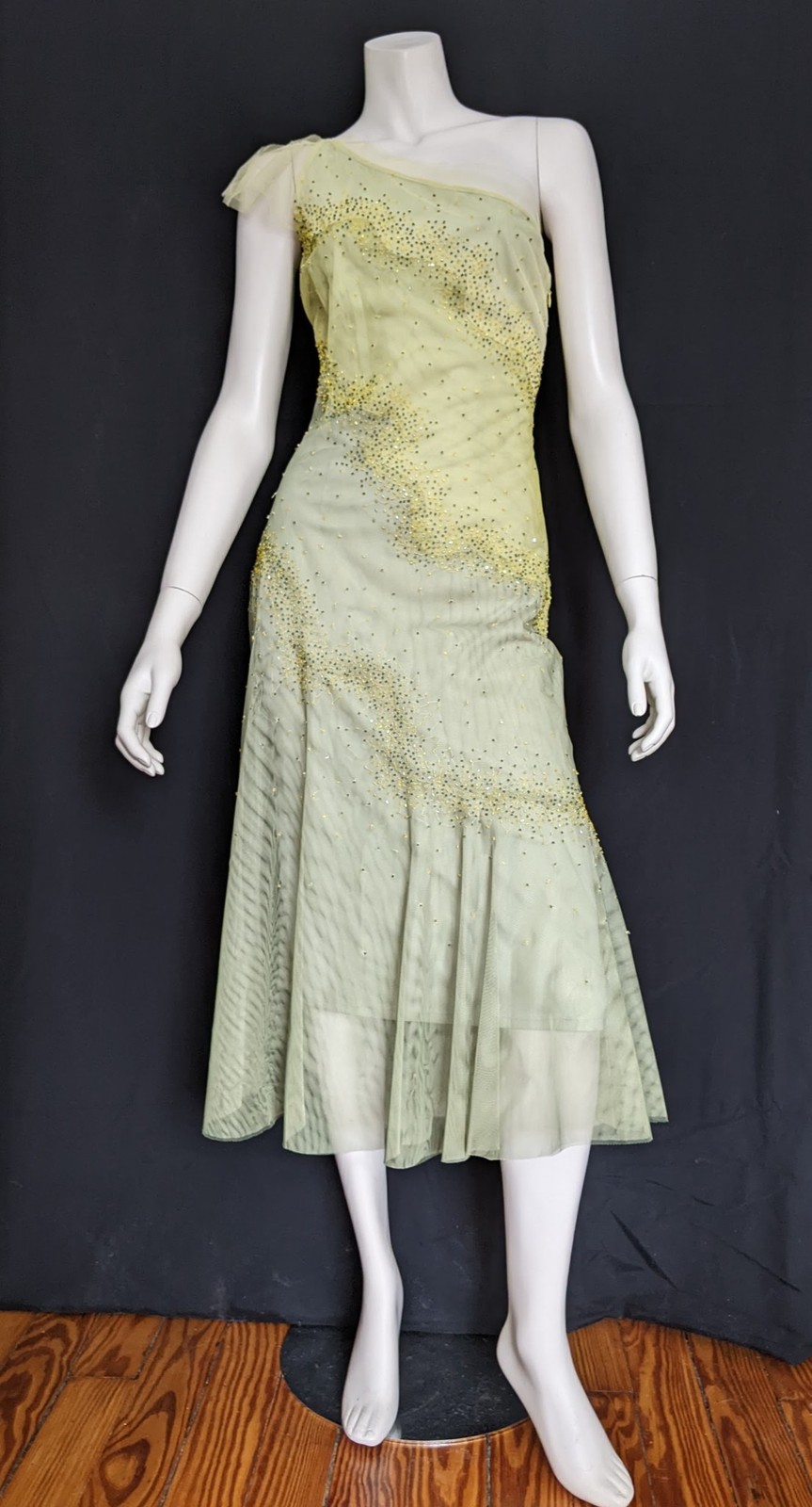 Y2K BCBG layers tulle flounce beads lime green dress 2 NWoT