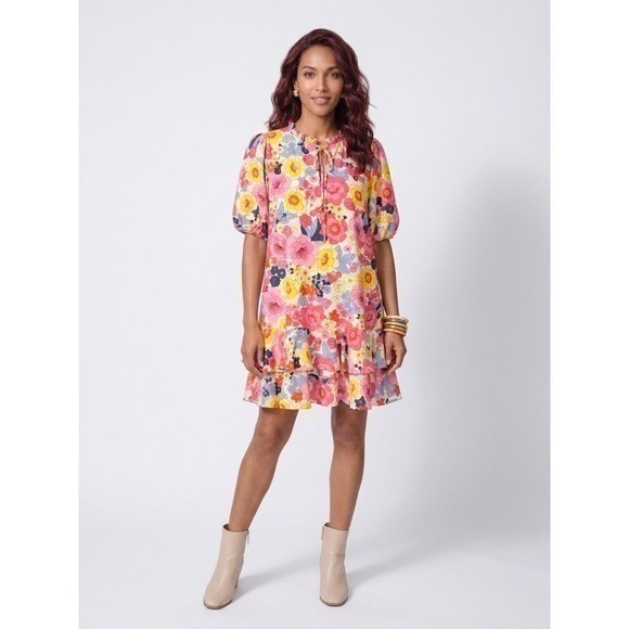 Sugarlips Floral Mini Dress Women Medium Pink Retro Boho Ruffle Tiered Pockets