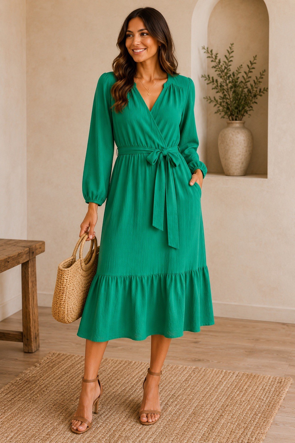 Fred David L Kelly Green Tiered Midi Dress Faux Wrap Belted Modest Office Church