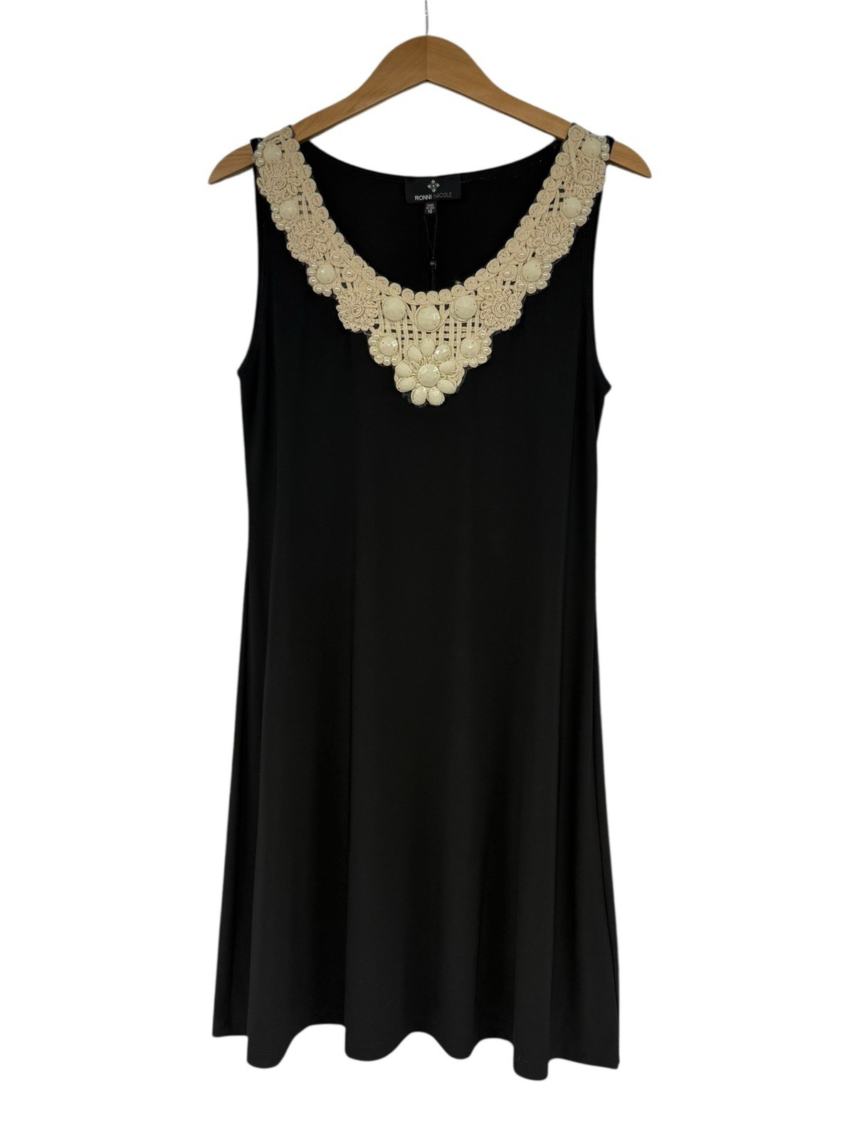 Ronni Nicole Black Slinky Knee Length Dress Modest Beaded Neckline Womens 10 New