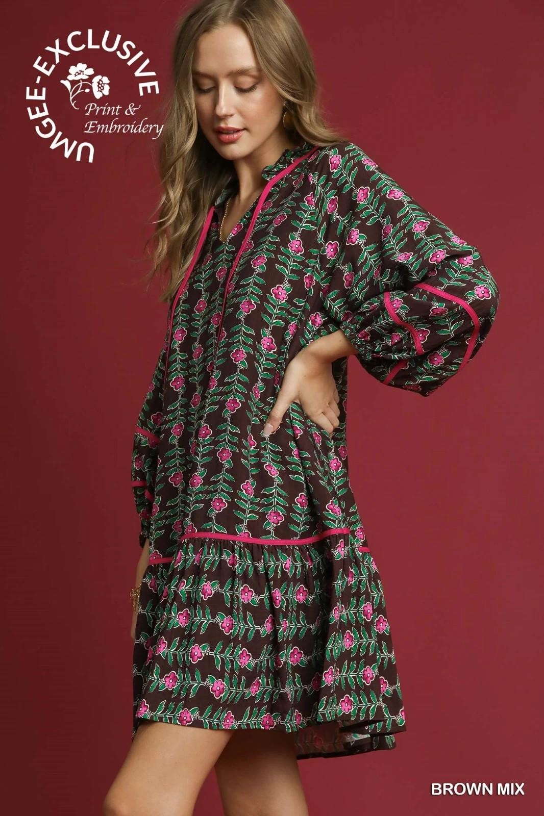 Umgee Brown Multi Floral Vine Boho Dress with V Neckline & Tiered Ruffle Skirt