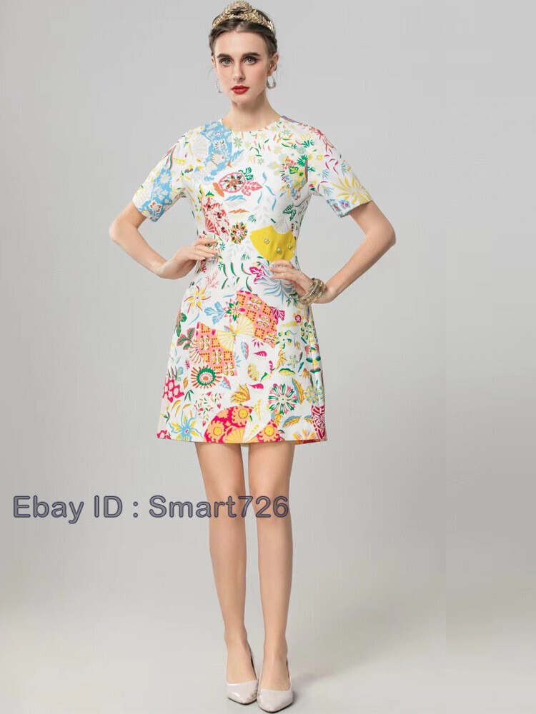 Occident Runway New Beaded Women’s Loose Short Sleeve Printed Midi Dress A-line