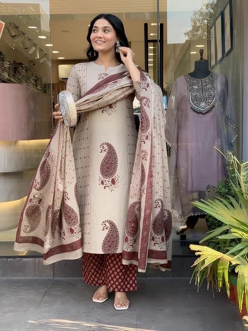 Women’s Pure Viscose Block Printed Ethnic Wear Straight Kurta Set with Palazzo
