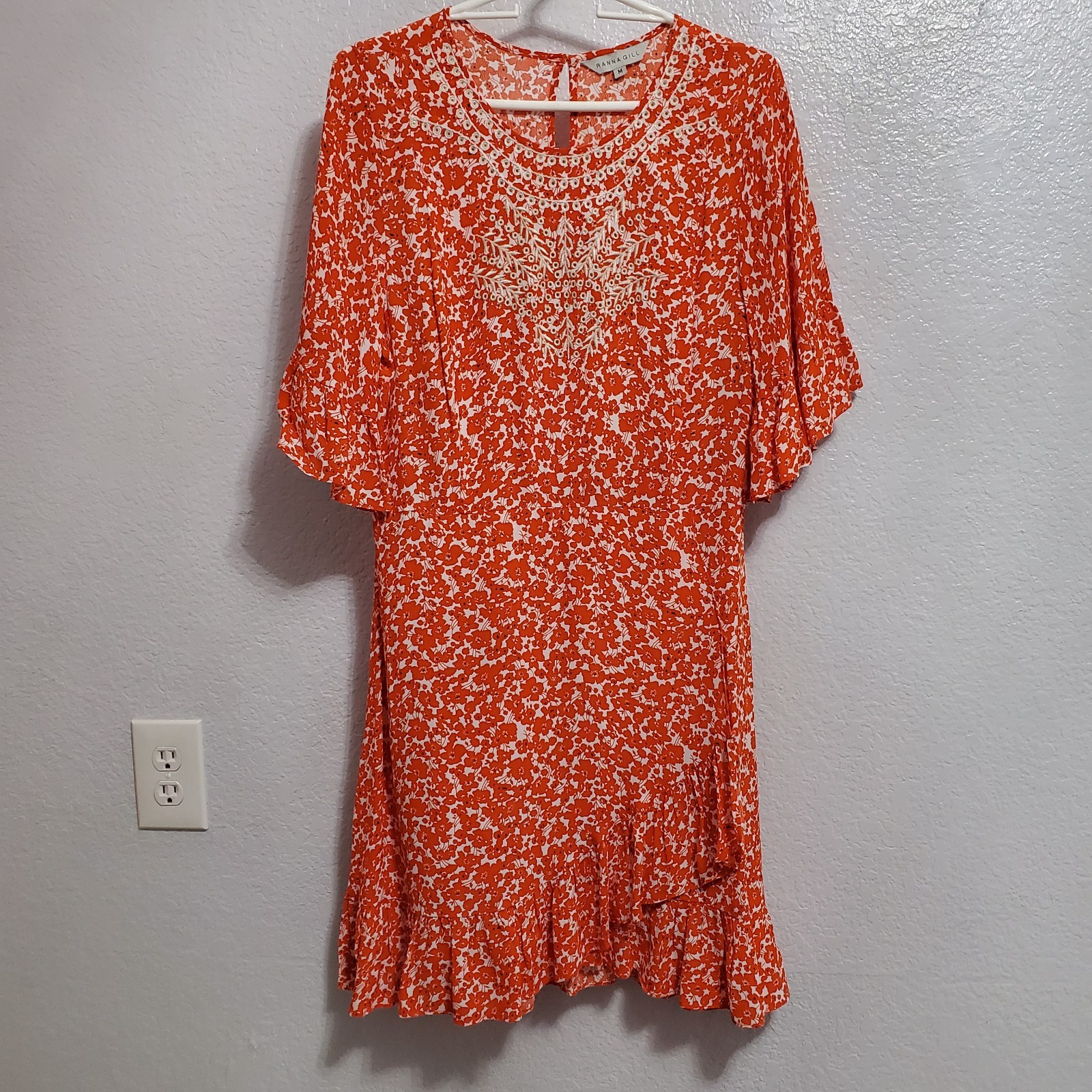 Ranna Gill Anthropologie Dress Women M Orange Floral Midtown Embroidered Ruffles