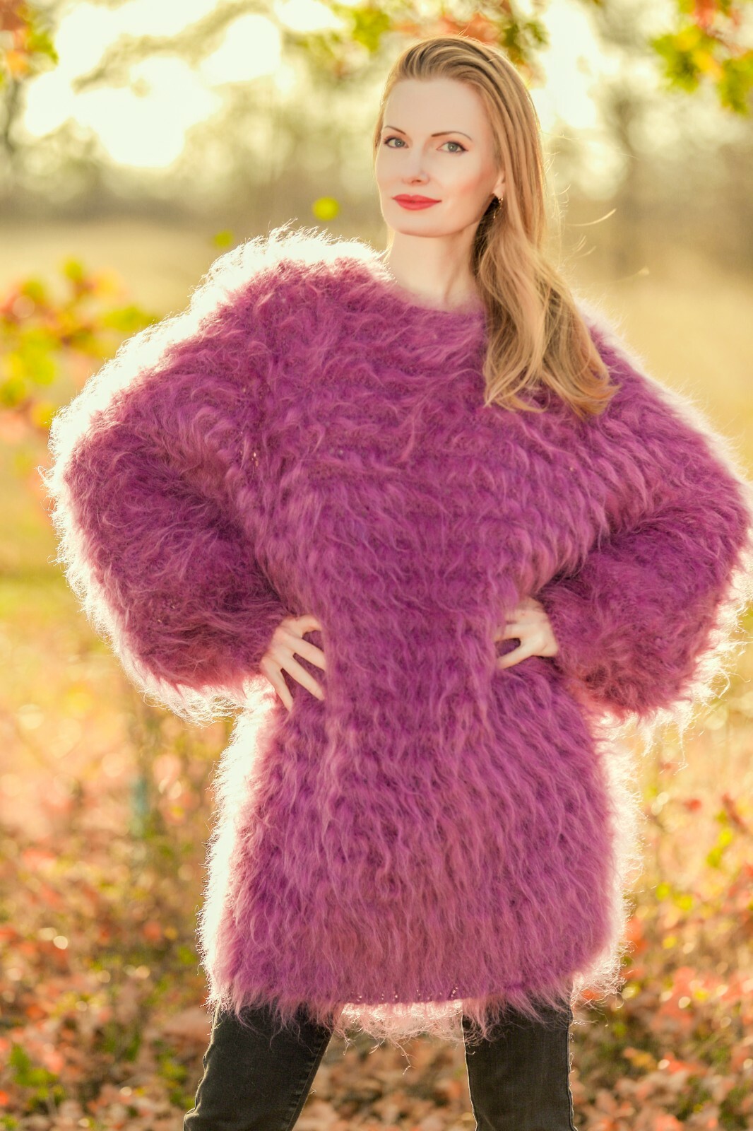 Fuzzy mohair sweater purple dress crewneck handknit thick fluffytunic SuperTanya
