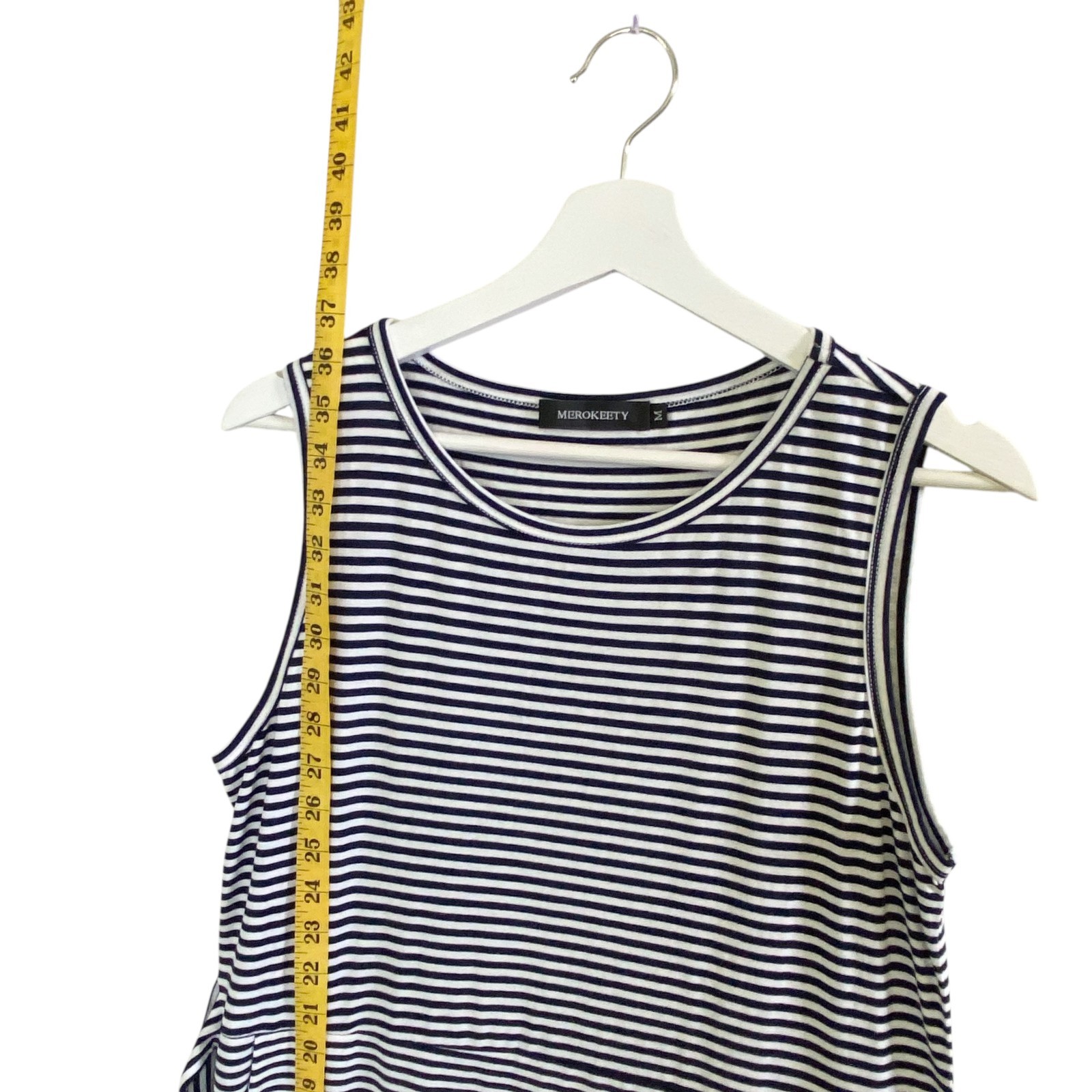 MEROKEETY Tee Shirt Dress Womens Medium Striped Pockets Tie Waist Blue&white
