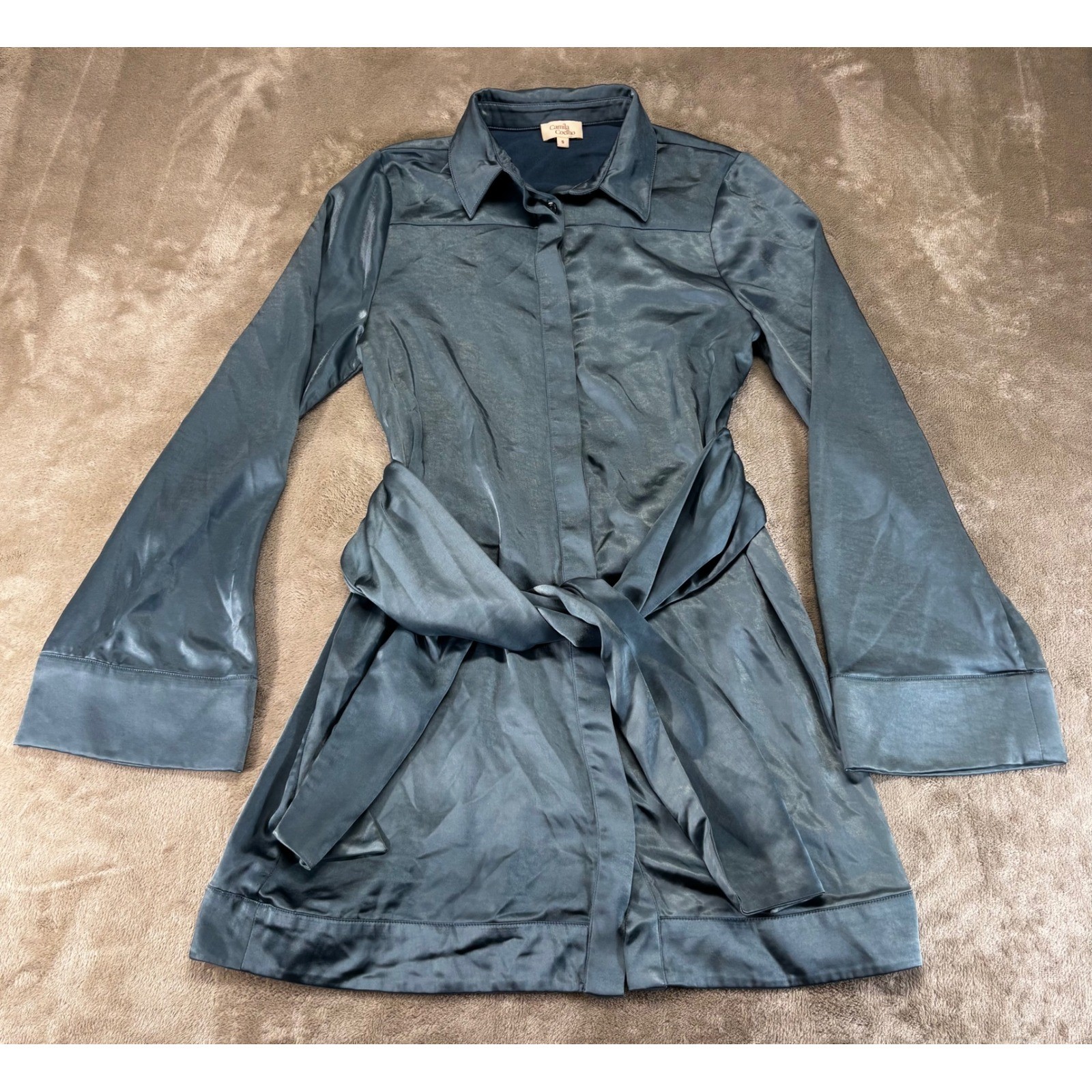 Camila Coelho Mini Dress Women S Blue Excellent Satin Tie Waist Belt Long Sleeve