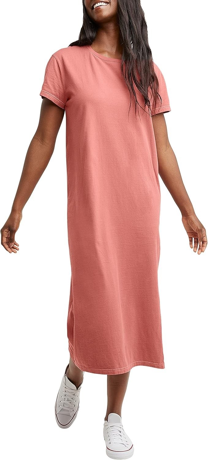 Hanes Midi Dress ComfortWash Garment Washed Short Sleeve Crewneck Nantucket Red