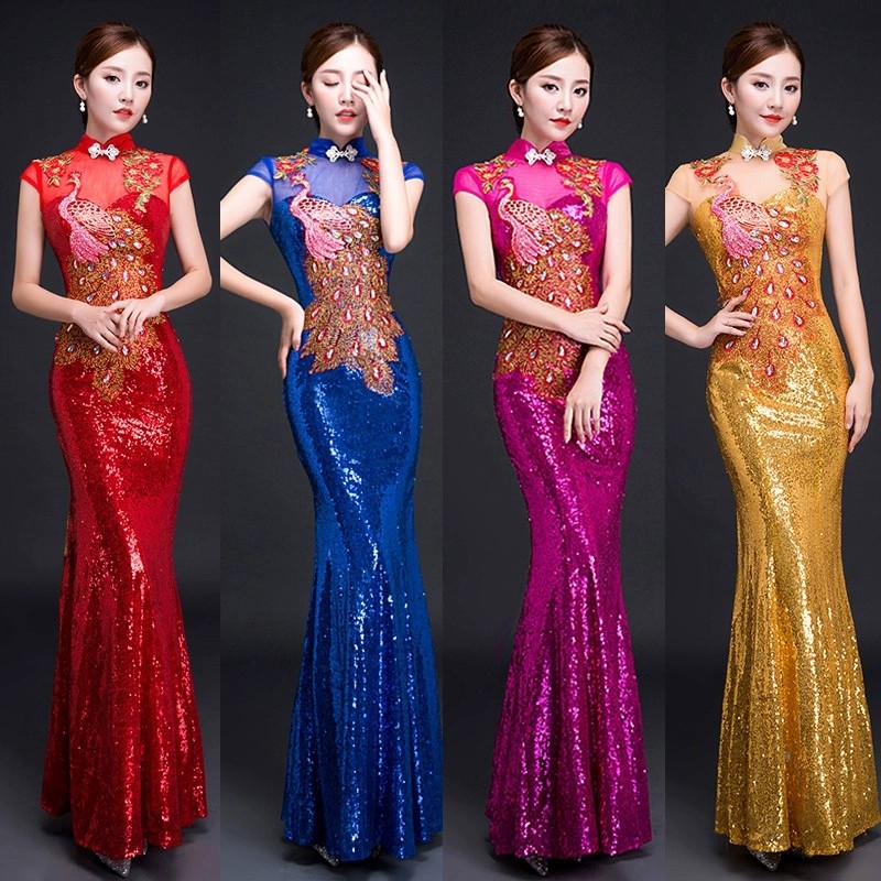Womens Sequin Peacock Embroidery Gown Cheongsam Formal Stage Evening Qipao Dress