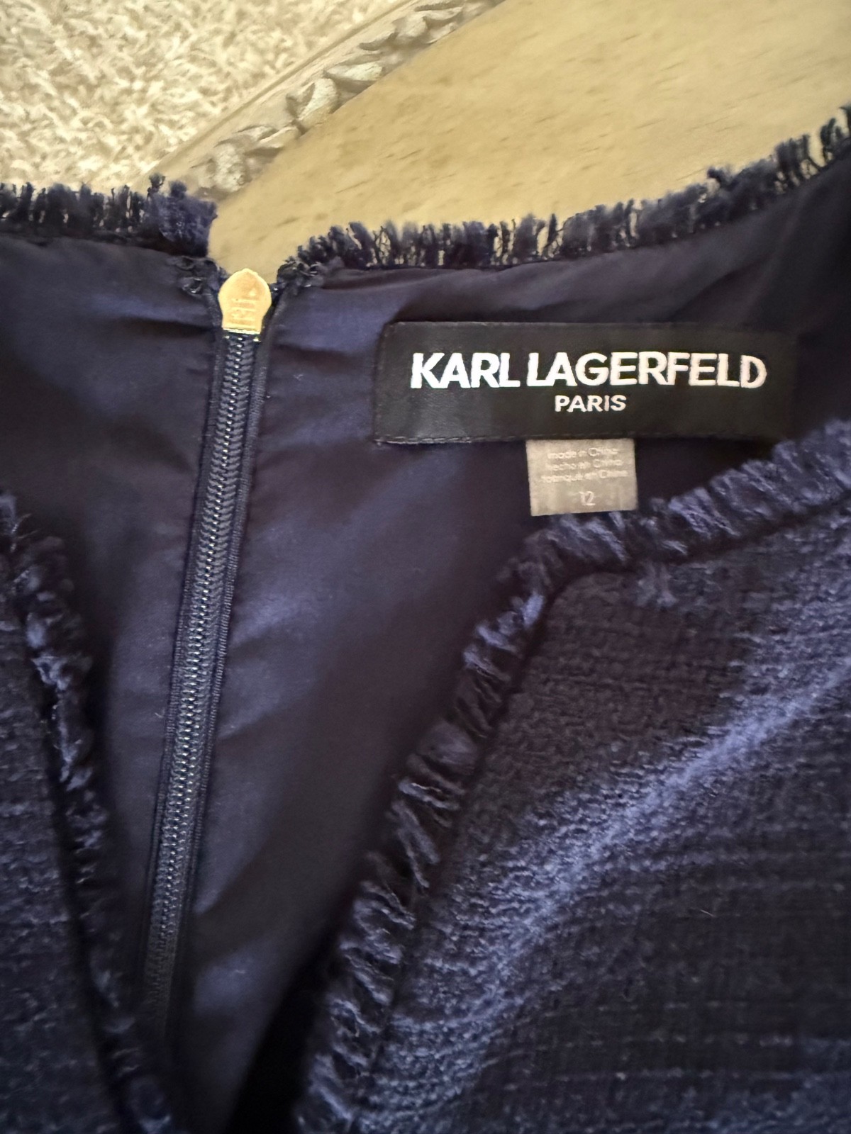 Karl Lagerfeld Navy Blue Tweed Sheath Shift Dress Pockets Rosette Buttons Sz 12