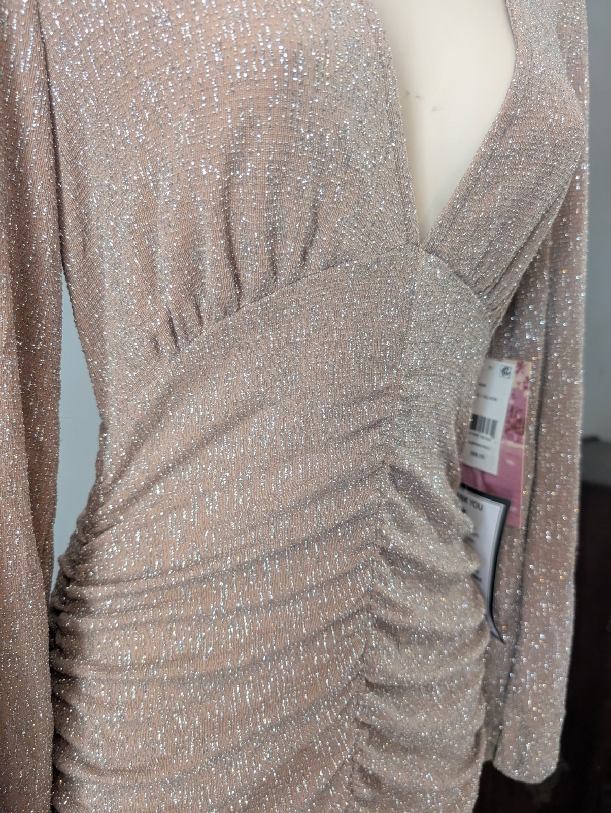NWT Emerald Sundae Womens Silver Taupe Glitter Draped Front Dress M Ruched