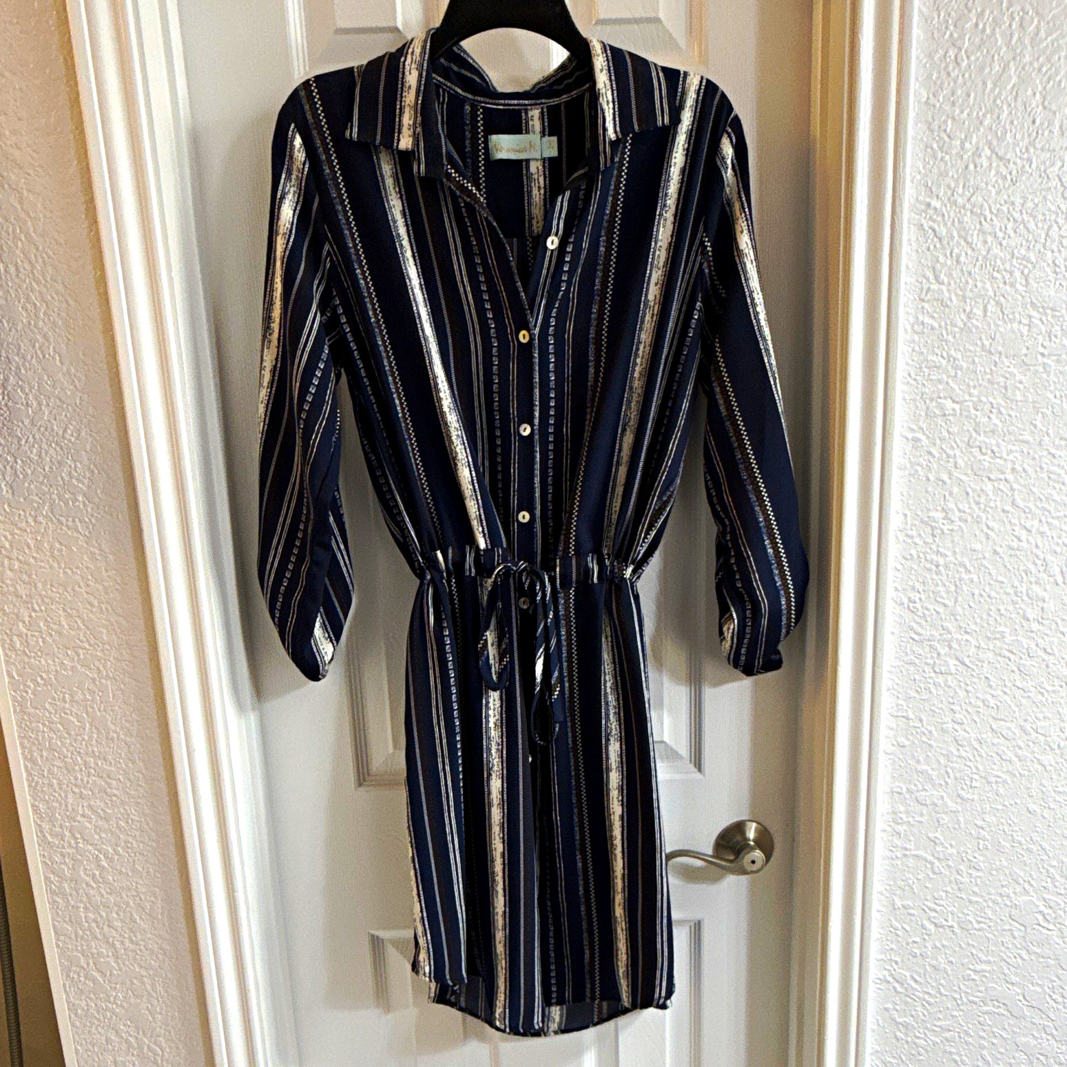Venus Women’s S Blue/White Striped Shirt Dress Collared Button Belted 3/4