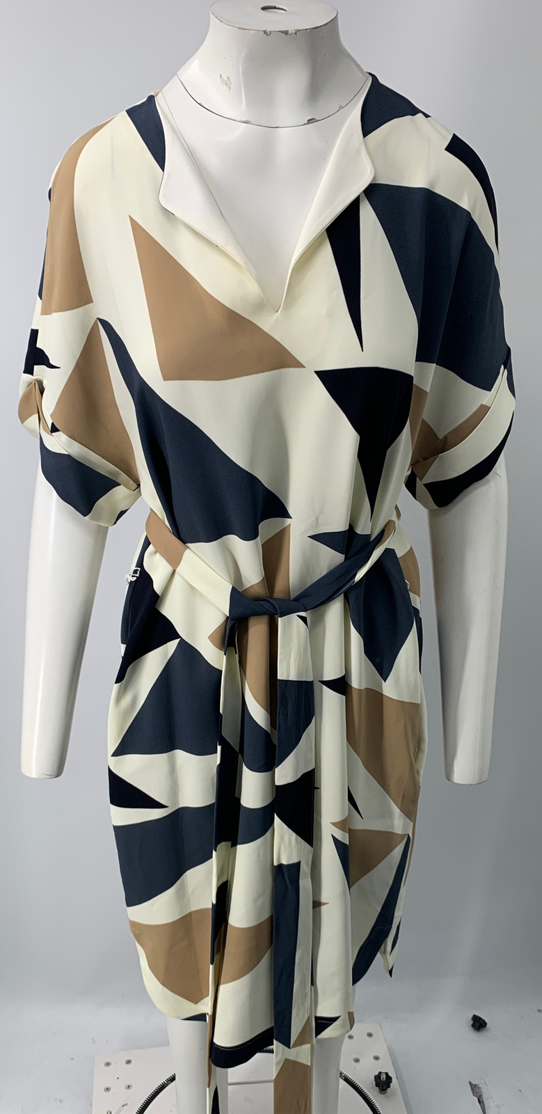 Lafayette 148 White Blue Brown Jubilee Triangle Belted V-Neck Dress NWD sz L