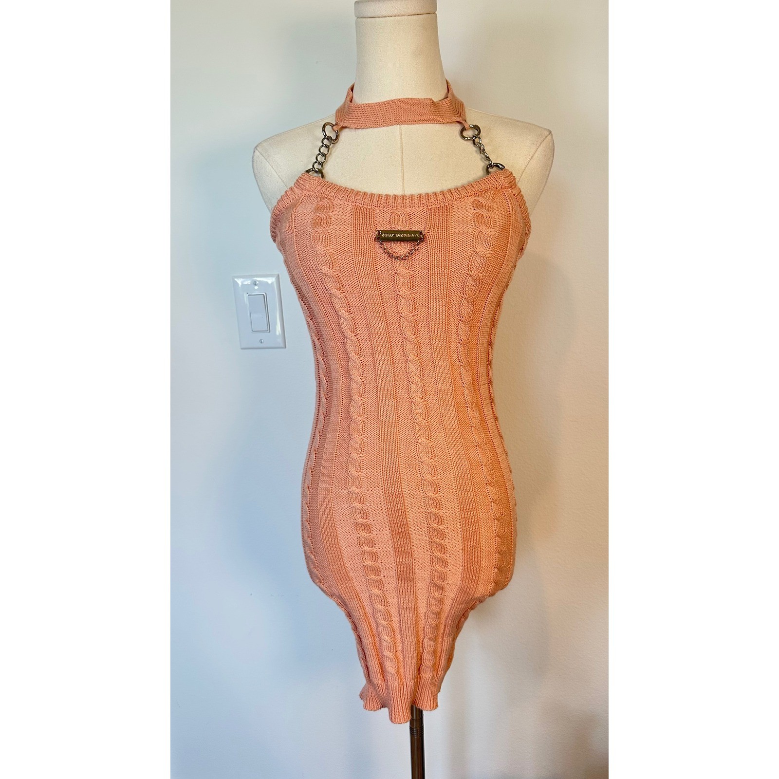 Loft Generale Y2K Pink Cable Knit Bodycon Mini Dress Chain Halter Cybercore Rare