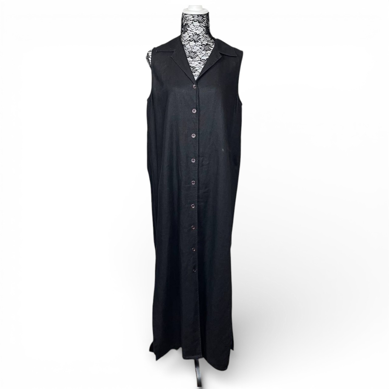 Lagenlook Black Linen Maxi Button Front Sleeveless Dress Plus Size 16 Minimalist