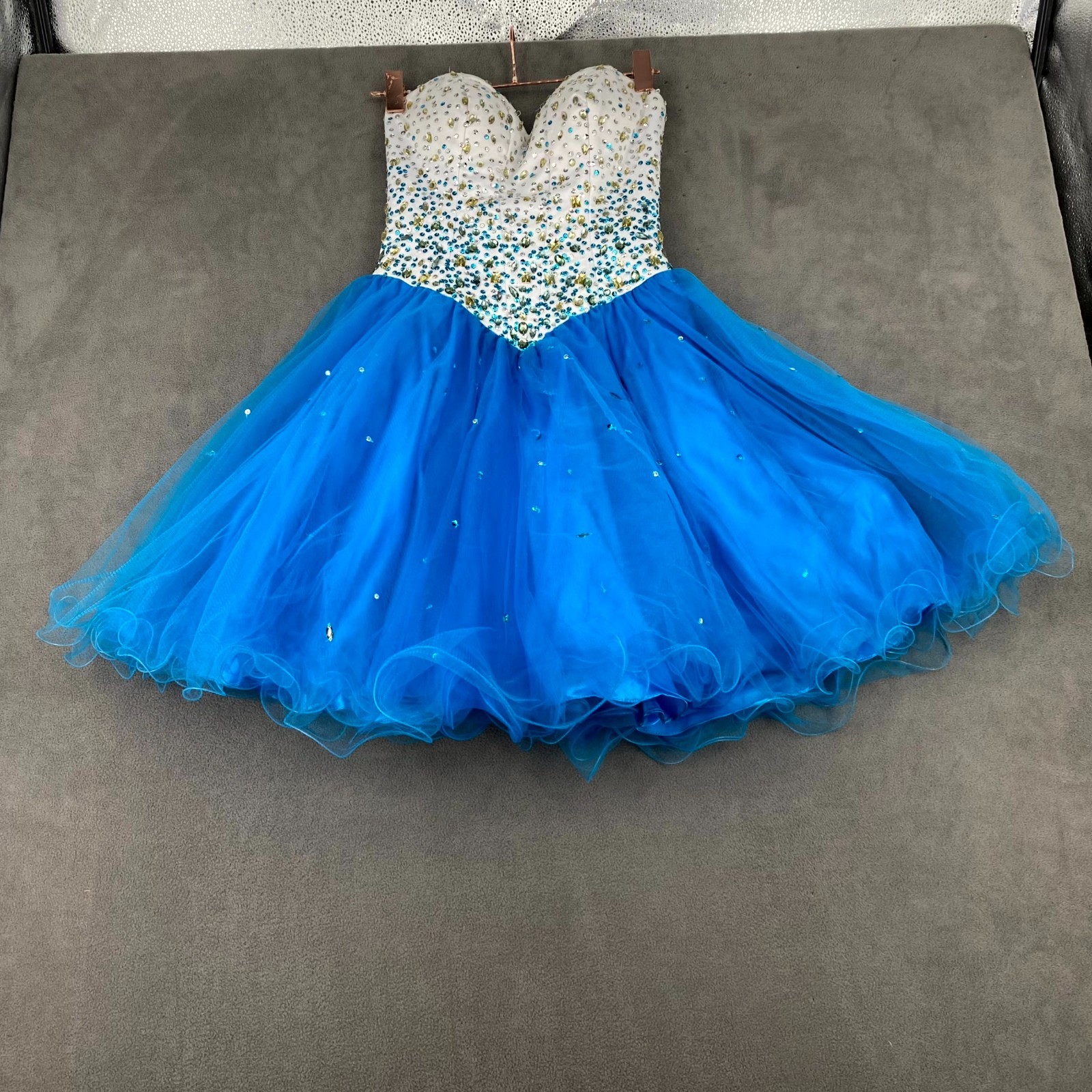 Women’s Strapless Homecoming Dress White Blue Rhinestones Bodice Heavily Adorned