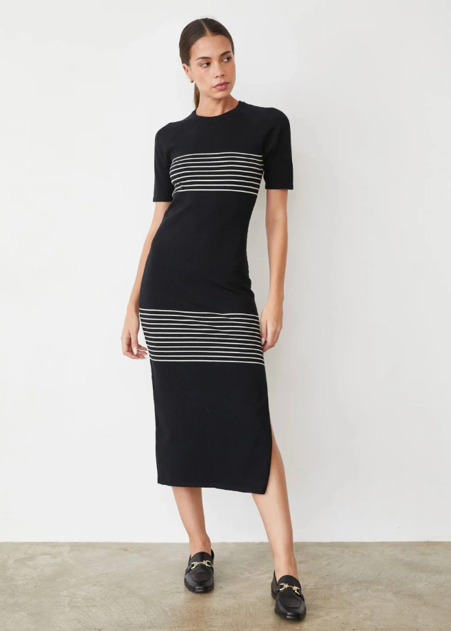 Monrow NWT Knit Stripe Dress XL Minimalist Black White Midi Sweater Dress Soft