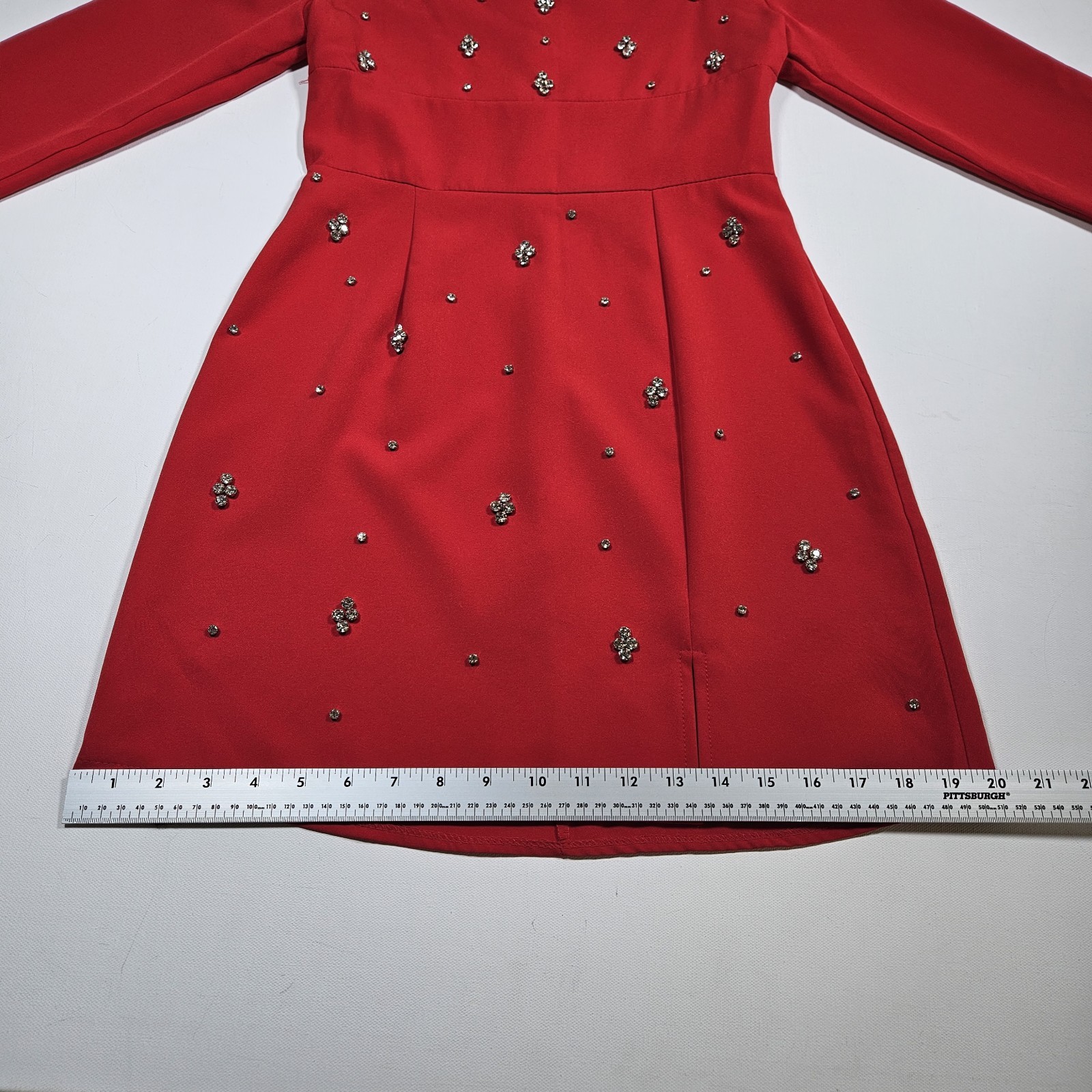 Mini Dress Womens Medium Red Rhinestone Beaded Square Neck Long Sleeve Party