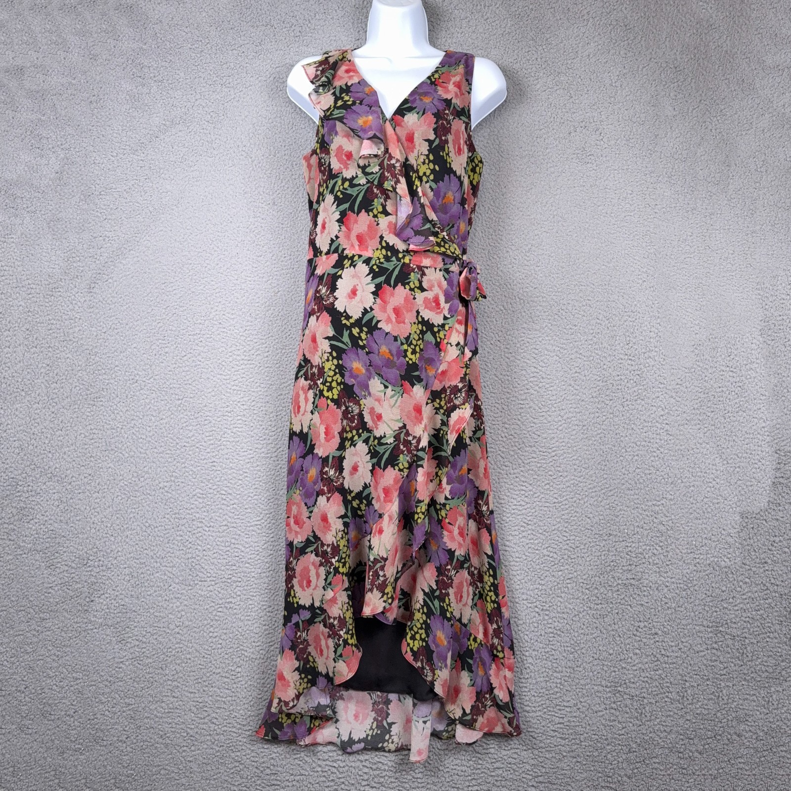 Sara Campbell Dress Women 4 Black Floral Wrap Dress Hi Low Ruffle Hem Fairy $348
